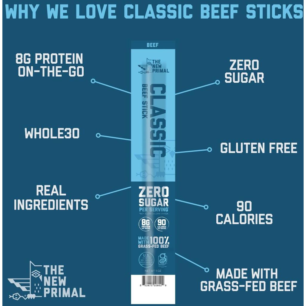 The New Primal Grass Fed Beef Sticks, Keto & Gluten Free Healthy Snacks For Adults, Sugar Free Low Carb High Protein Snack, Paleo Whole30 Jerky Meat Stick, 6G Protein, 80 Calories, 5 Pack