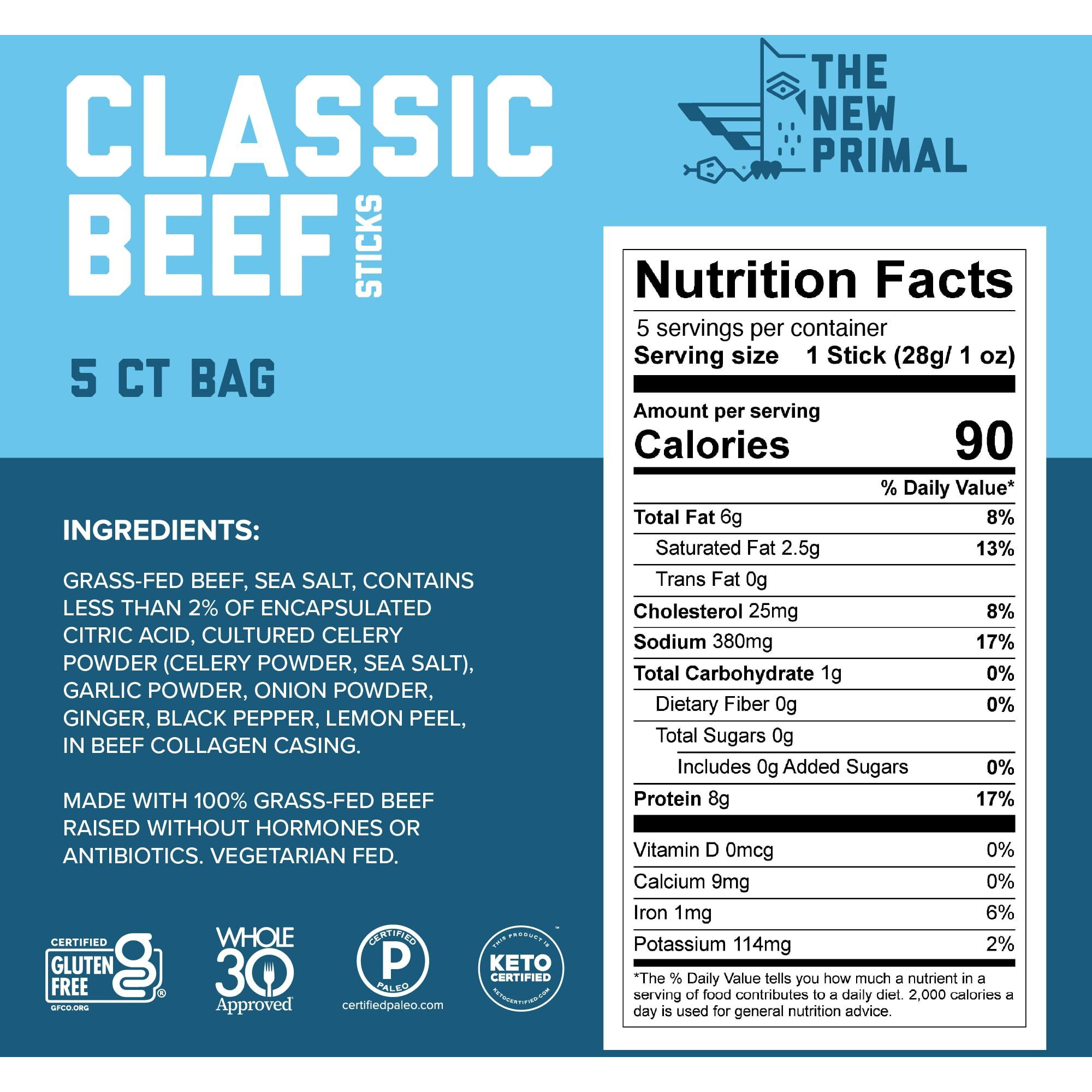The New Primal Grass Fed Beef Sticks, Keto & Gluten Free Healthy Snacks For Adults, Sugar Free Low Carb High Protein Snack, Paleo Whole30 Jerky Meat Stick, 6G Protein, 80 Calories, 5 Pack