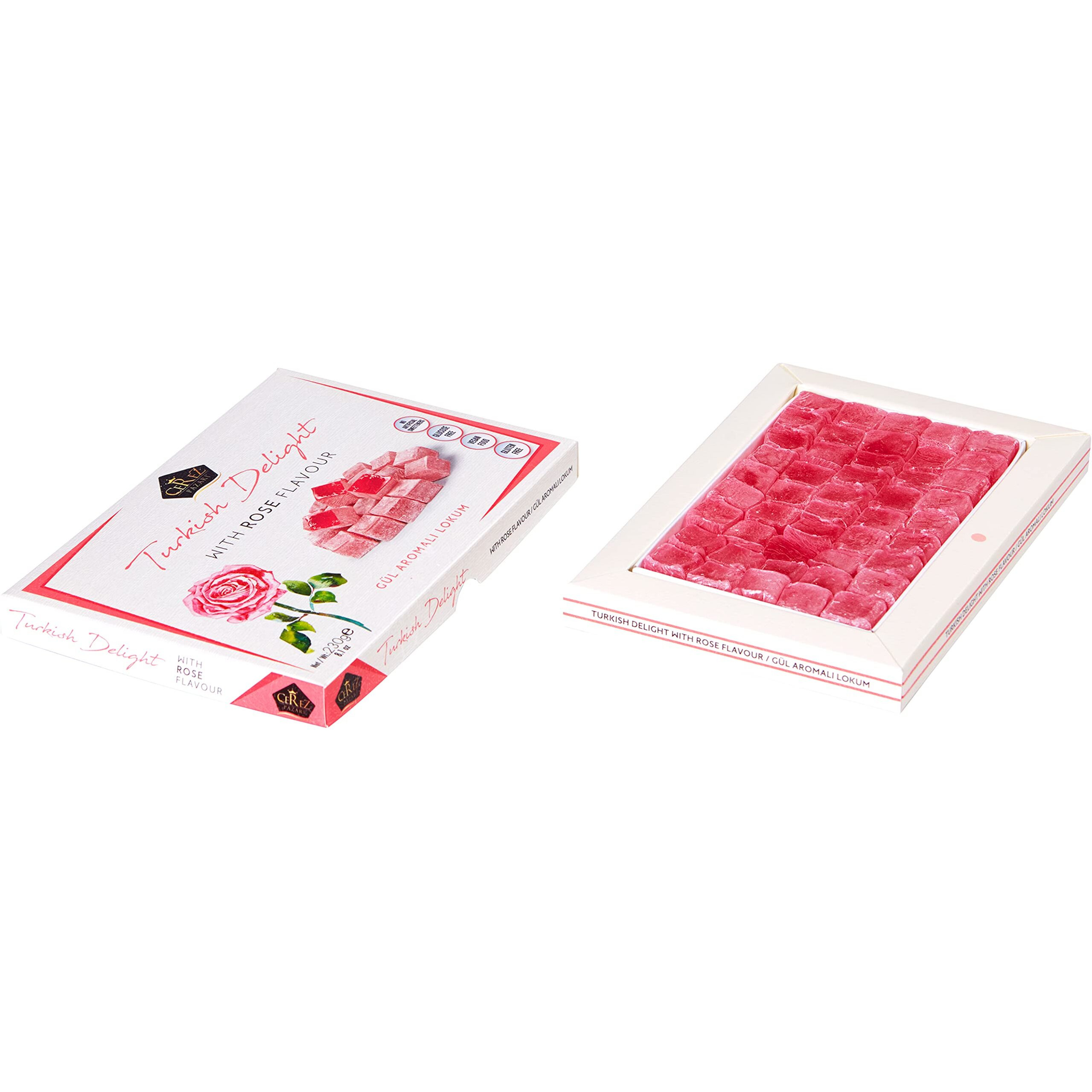 Cerez Pazari Turkish Delight With Rose Flavour 230Gr Gourmet Small Size Snacks Gift Box | No Nuts Sweet Traditional Vegan Soft Candy Dessert Approx 40 Pcs