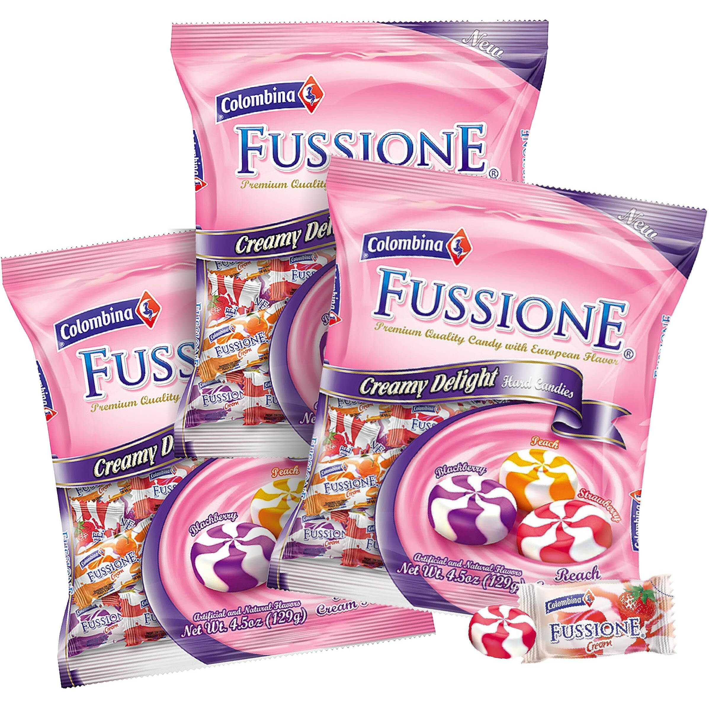 Colombina Fussione Creamy Delight Hard Candies, Strawberry, Blackberry, And Peach Flavored, Individually Wrapped, 4.5Oz (Pack Of 3)