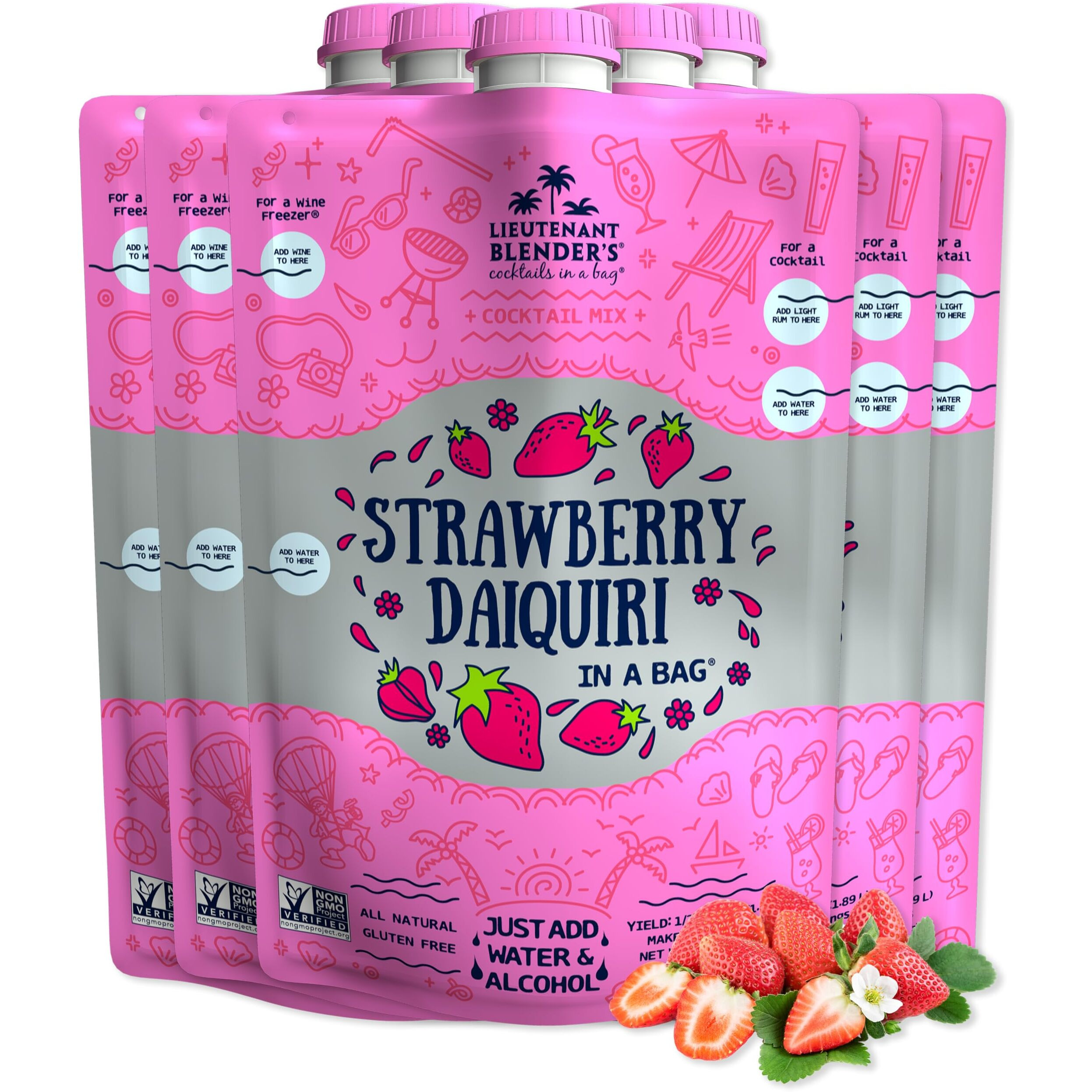 Lt. Blender's Strawberry Daiquiri In A Bag - Strawberry Daiquiri Mix - Each Bag Makes 1/2 Gallon - Non-Gmo - No Daiquiri Machine Needed - Make A Cocktail, Wine Slushie Or Mocktail - (Pack Of 5)