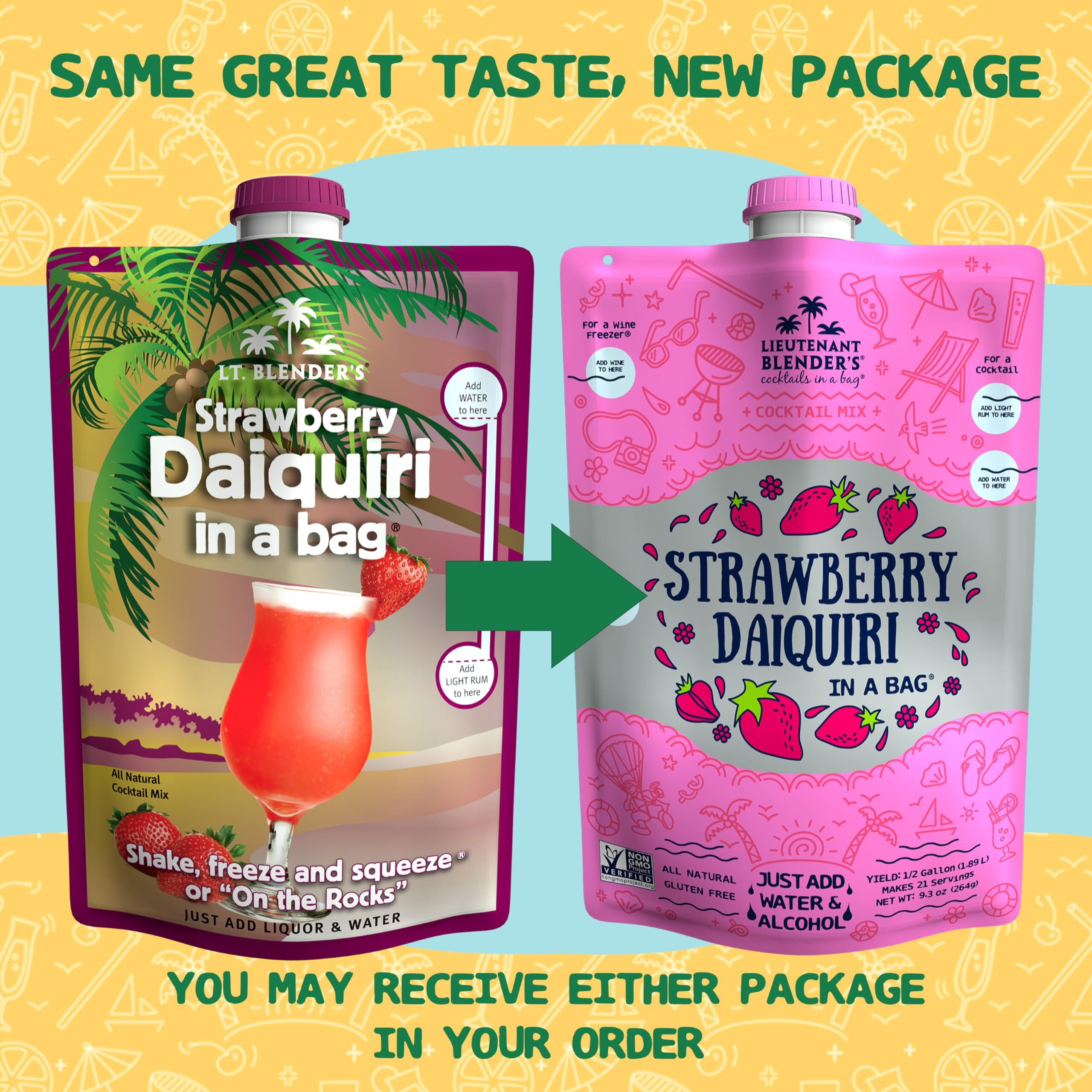 Lt. Blender's Strawberry Daiquiri In A Bag - Strawberry Daiquiri Mix - Each Bag Makes 1/2 Gallon - Non-Gmo - No Daiquiri Machine Needed - Make A Cocktail, Wine Slushie Or Mocktail - (Pack Of 5)