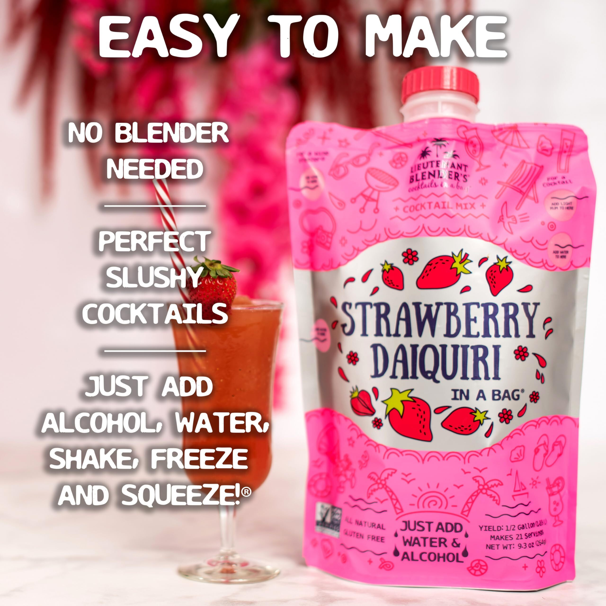 Lt. Blender's Strawberry Daiquiri In A Bag - Strawberry Daiquiri Mix - Each Bag Makes 1/2 Gallon - Non-Gmo - No Daiquiri Machine Needed - Make A Cocktail, Wine Slushie Or Mocktail - (Pack Of 5)