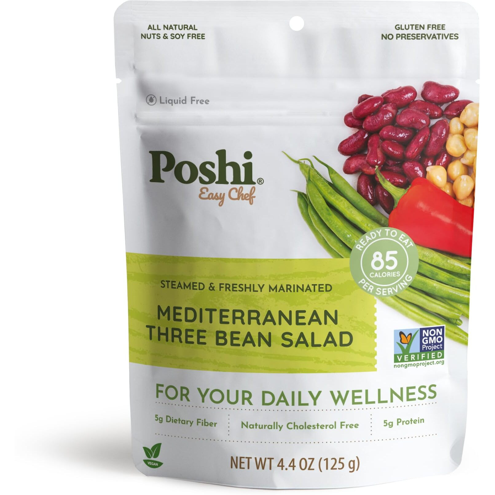 Poshi Mediterranean Three Bean Salad | All Natural, Keto, Vegan, Paleo, Non Gmo, Low Carb + Calorie, Gluten Free, Rady To Eat, Fully Cooked Vegetables, Pentry Food, Gourmet, Healthy, Travel Food (6 Pack, 4.4 Oz)