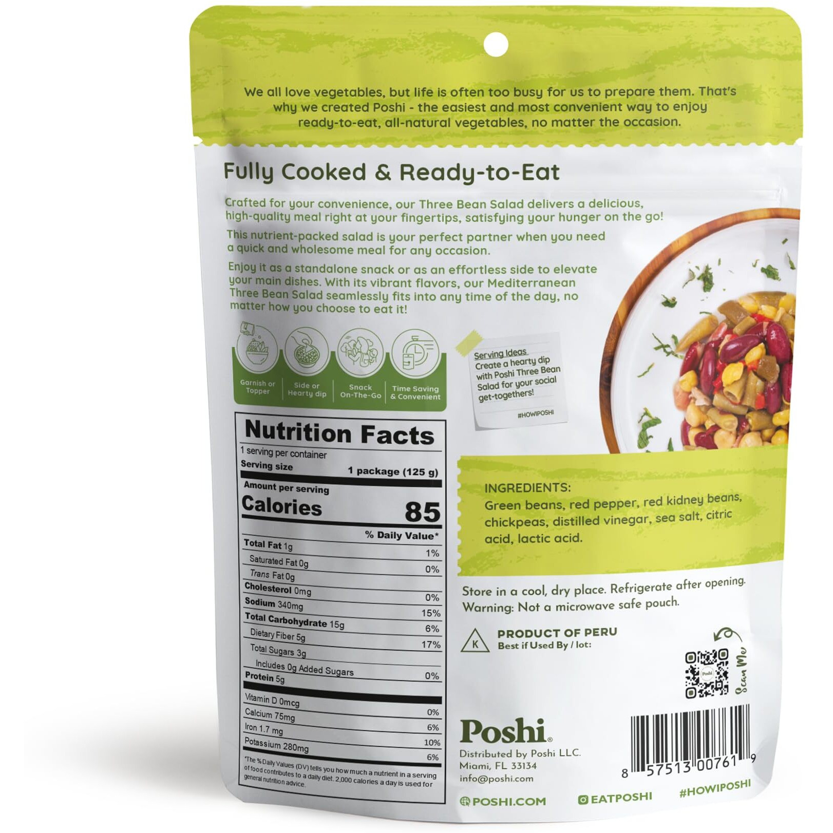 Poshi Mediterranean Three Bean Salad | All Natural, Keto, Vegan, Paleo, Non Gmo, Low Carb + Calorie, Gluten Free, Rady To Eat, Fully Cooked Vegetables, Pentry Food, Gourmet, Healthy, Travel Food (6 Pack, 4.4 Oz)