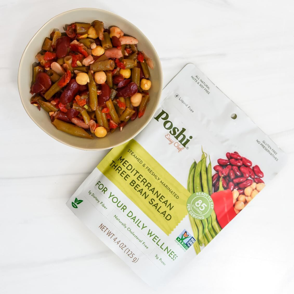 Poshi Mediterranean Three Bean Salad | All Natural, Keto, Vegan, Paleo, Non Gmo, Low Carb + Calorie, Gluten Free, Rady To Eat, Fully Cooked Vegetables, Pentry Food, Gourmet, Healthy, Travel Food (6 Pack, 4.4 Oz)