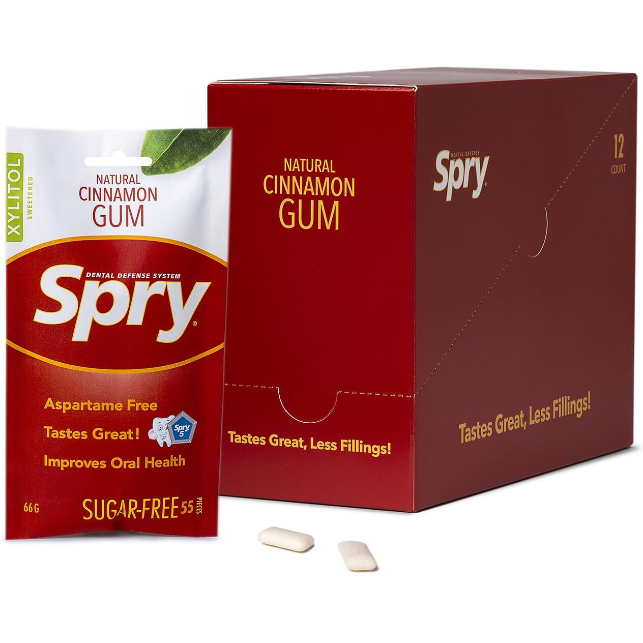 Spry On The Go Gum, Fresh Natural Xylitol Chewing Gum Dental Defense System Aspartame-Free Sugar Free Gum (Cinnamon, 55 Count - Pack Of 12)