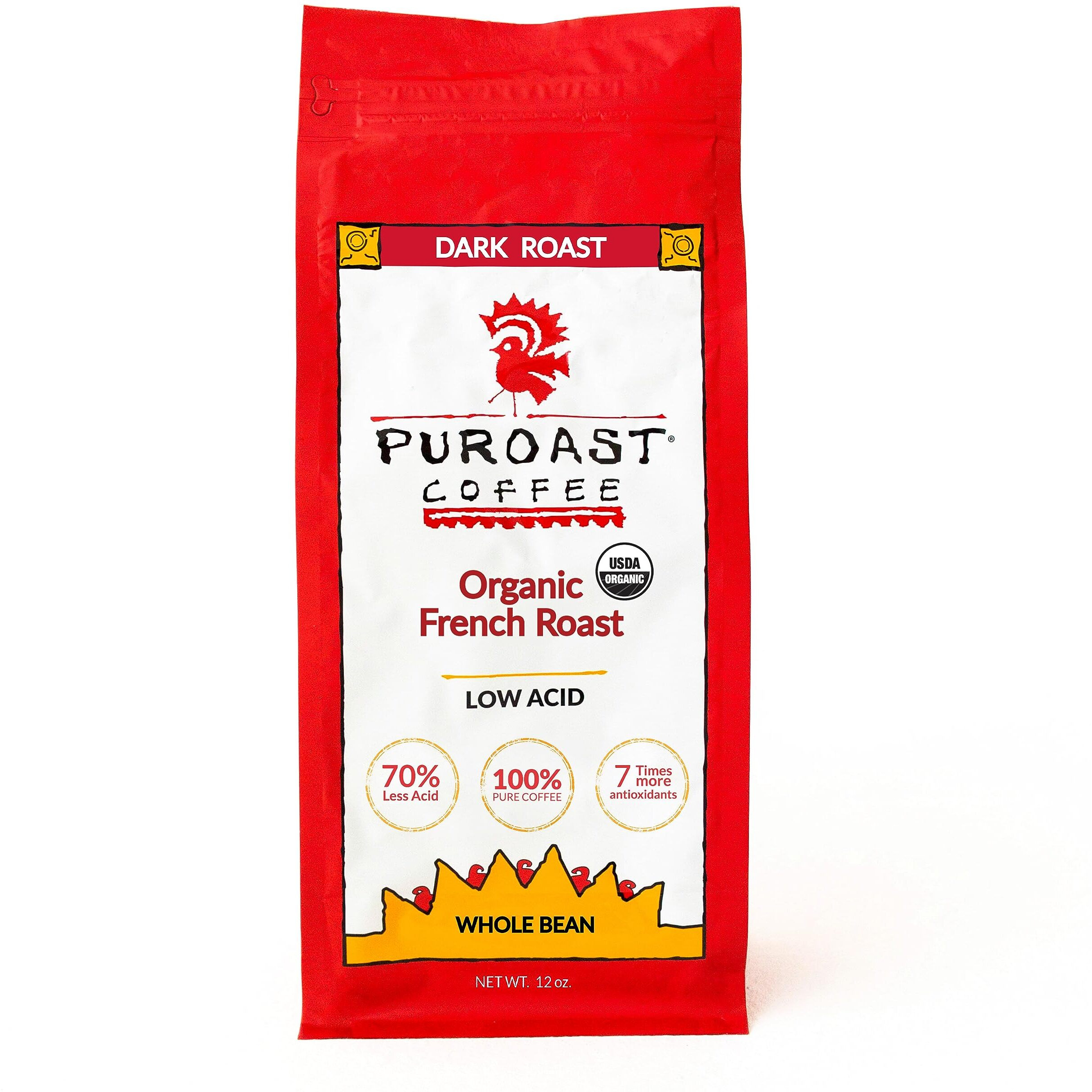 Puroast Low Acid Coffee , Whole Bean , Organic French Roast , Dark Roast , Certified Low Acid Coffee , Ph 5.5+ , Gut Health , 12 Oz , Higher Antioxidant , Smooth For Espresso , Organic Coffee
