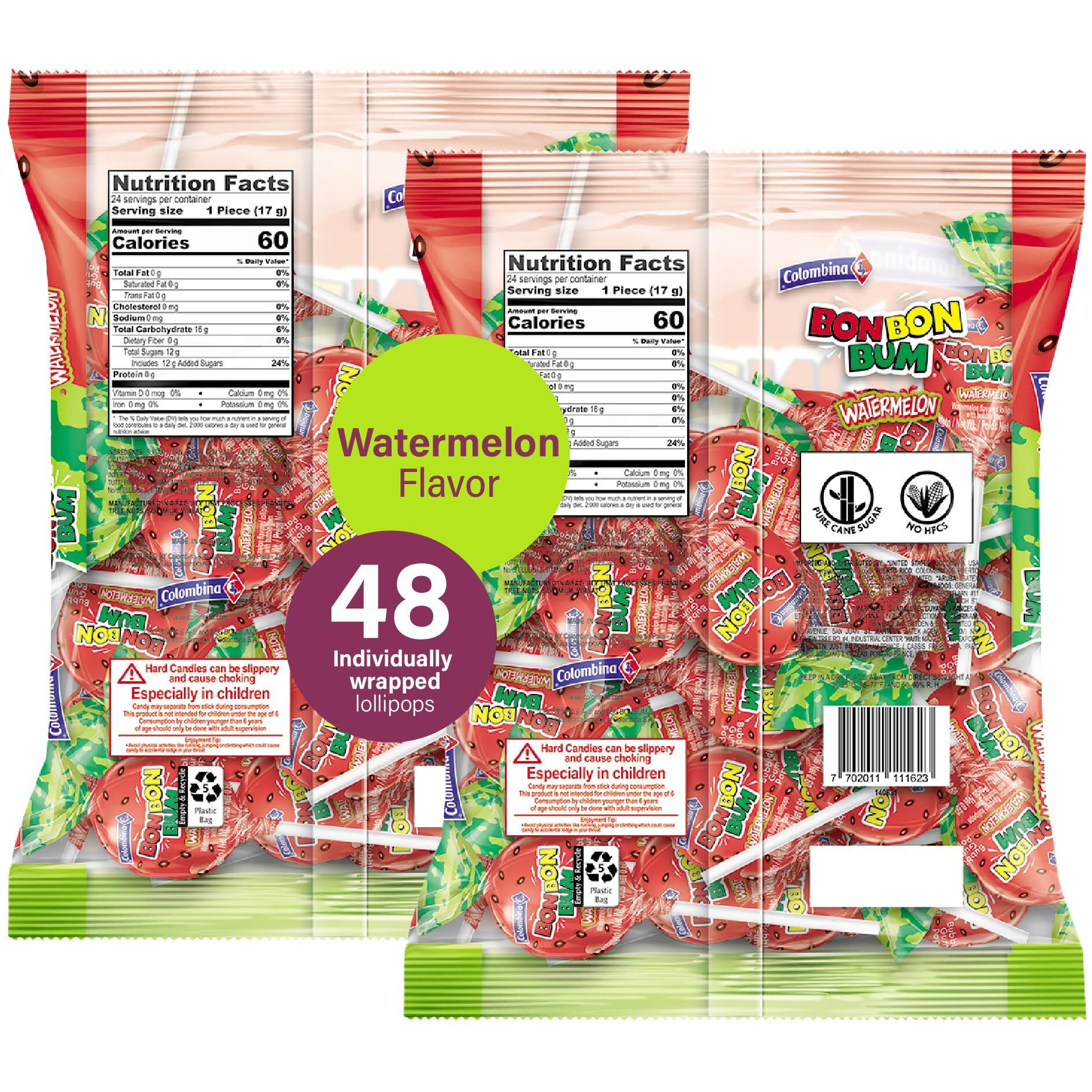 Colombina Bon Bon Bum Lollipops W/Bubble Gum Center, Watermelon Flavor, Individually Wrapped, Ideal For Party Favors And Gifts, 2 Pack (48 Count)