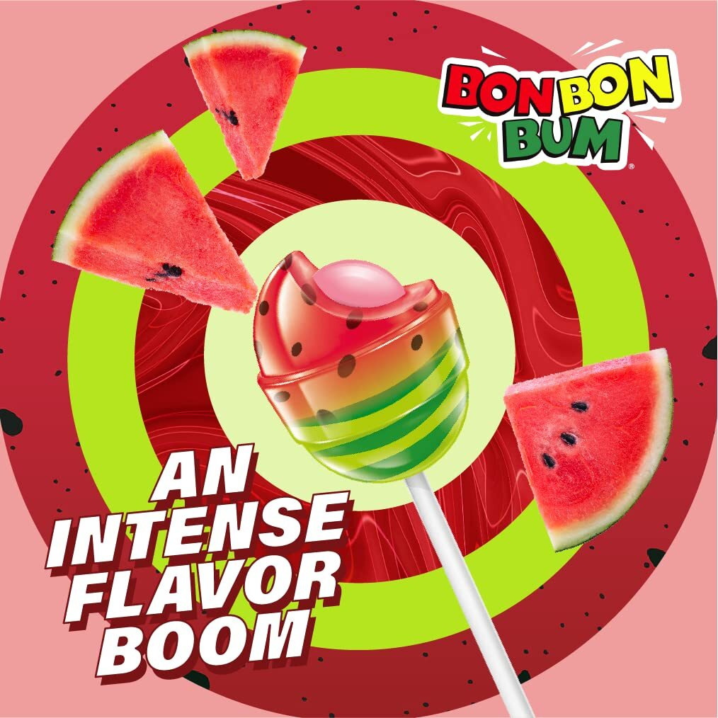 Colombina Bon Bon Bum Lollipops W/Bubble Gum Center, Watermelon Flavor, Individually Wrapped, Ideal For Party Favors And Gifts, 2 Pack (48 Count)