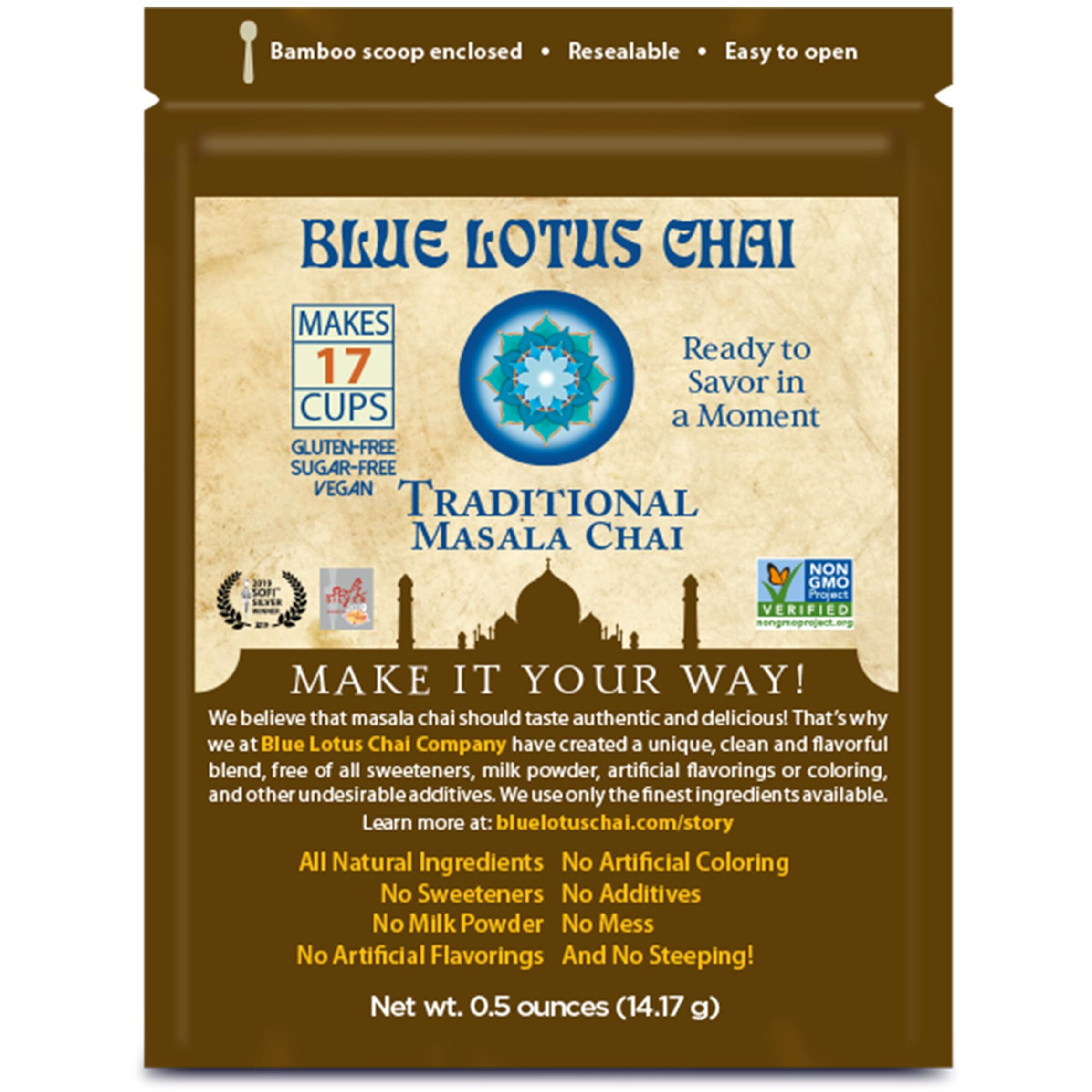 Blue Lotus Chai - Traditional Masala Chai - Makes 17 Cups - 0.5 Oz Pouch Masala Spiced Chai Powder With Organic Spices - Instant Indian Tea No Steeping - No Gluten