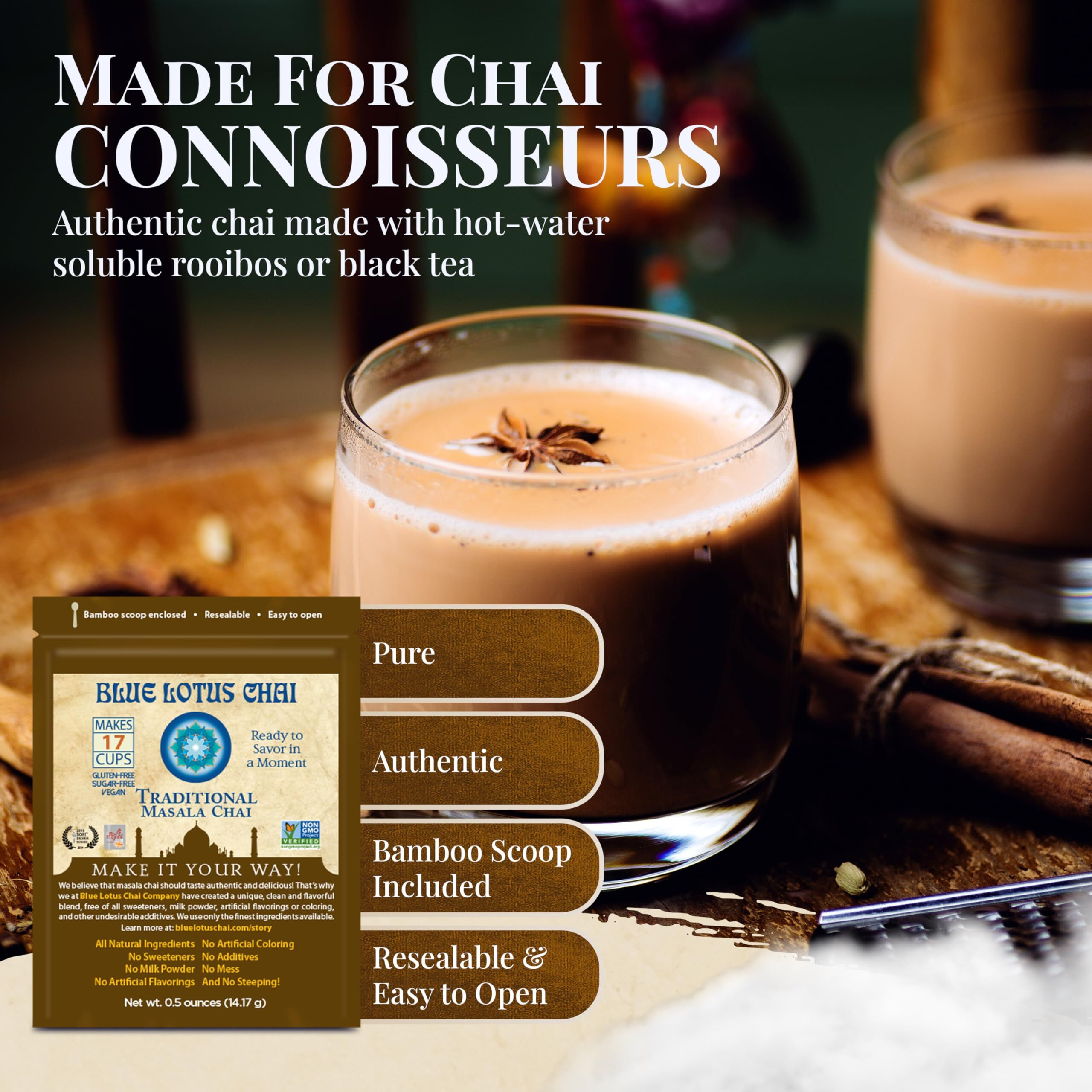 Blue Lotus Chai - Traditional Masala Chai - Makes 17 Cups - 0.5 Oz Pouch Masala Spiced Chai Powder With Organic Spices - Instant Indian Tea No Steeping - No Gluten