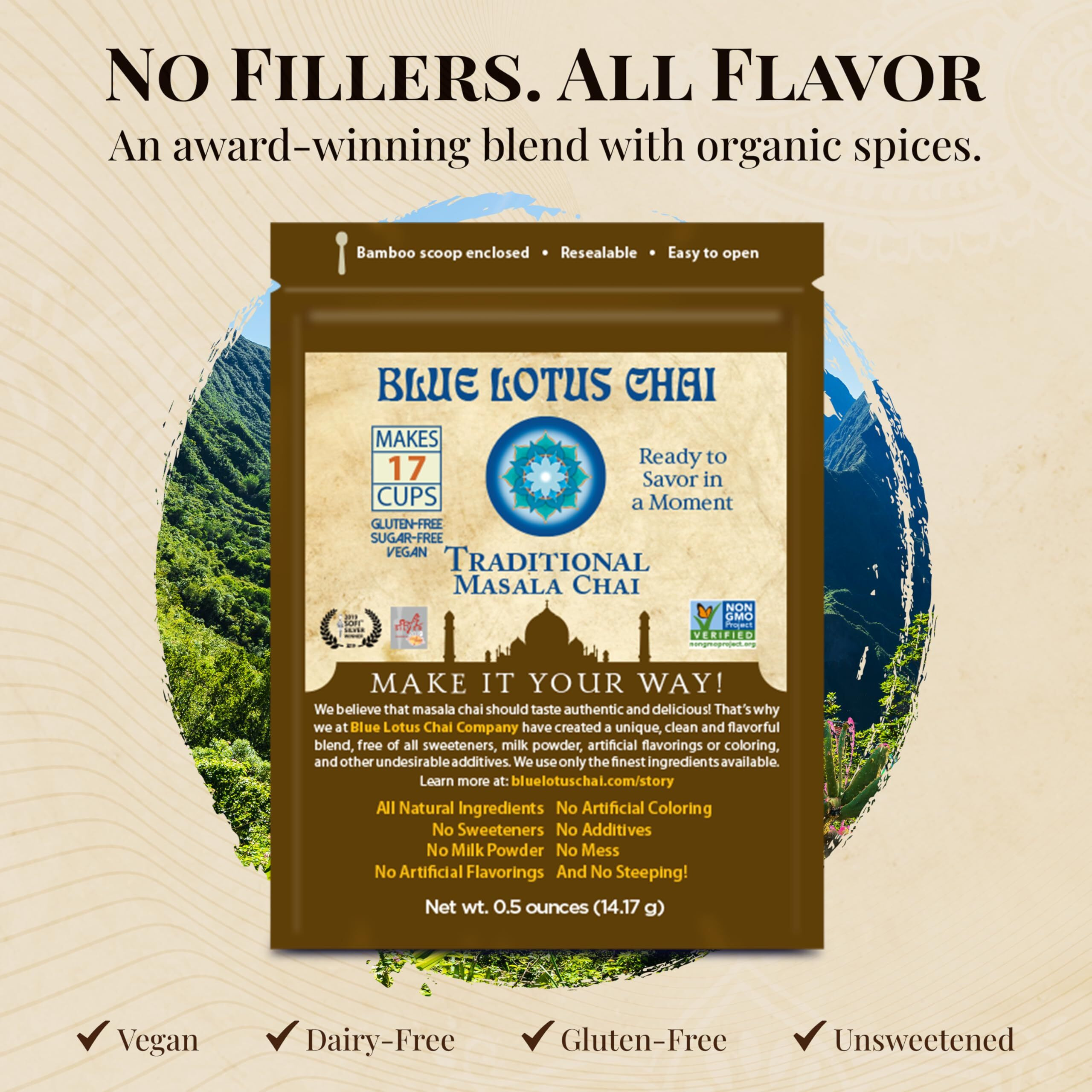 Blue Lotus Chai - Traditional Masala Chai - Makes 17 Cups - 0.5 Oz Pouch Masala Spiced Chai Powder With Organic Spices - Instant Indian Tea No Steeping - No Gluten