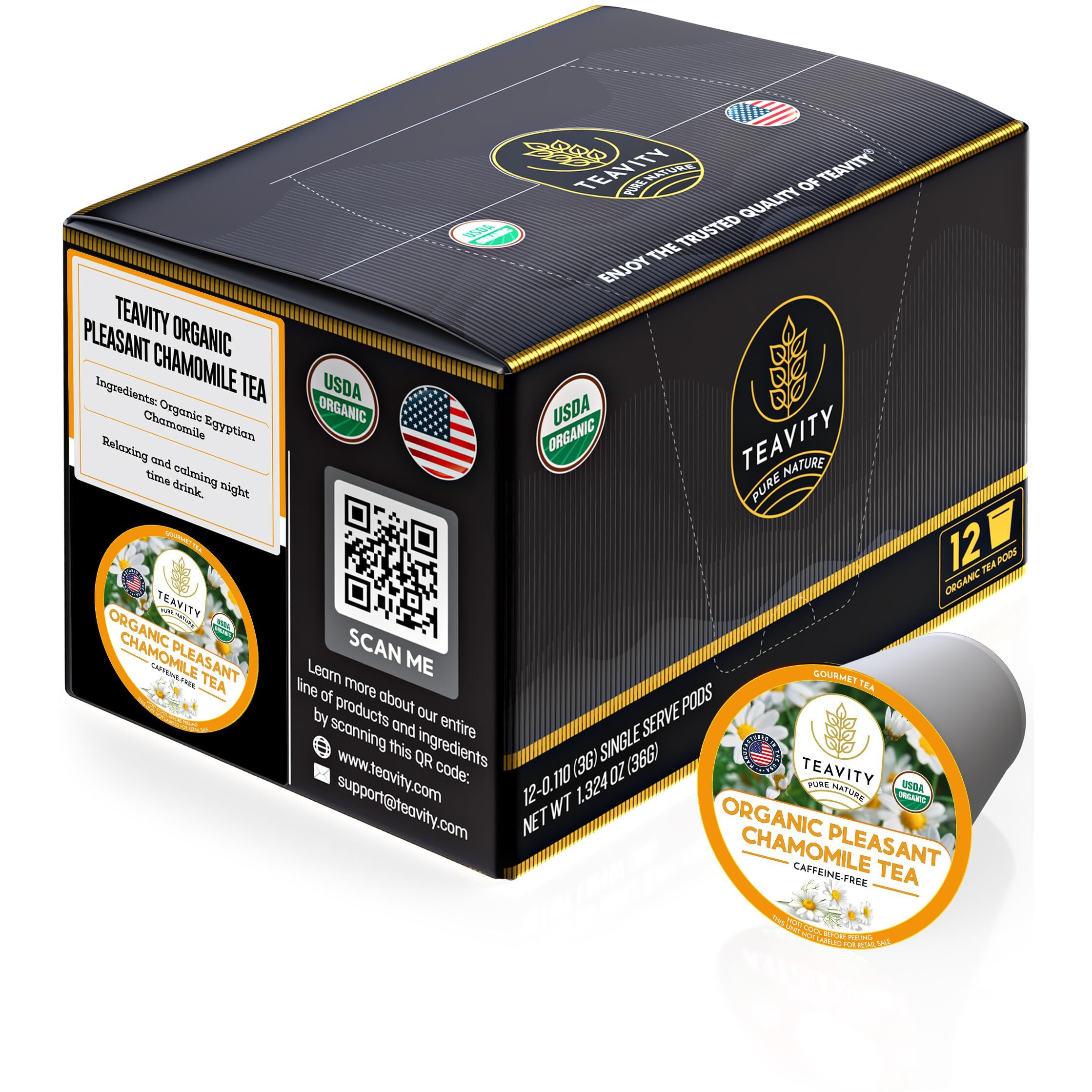 Organic Chamomile Tea Pods For Keurig - Decaf Tea Pods - Pleasant Chamomile By Teavity (12 Tea Pods)