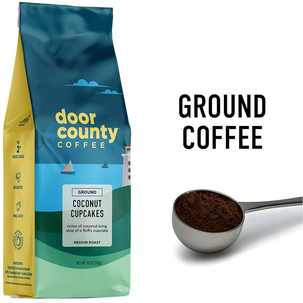Door County Coffee Coconut Cupcakes Flavored Coffee Ground | 10 Oz Bag | Flavored Ground Coffee Medium Roast | 100% Specialty Arabica Coffee Ground | Flavored Gourmet Coffee | Coconut Cupcakes Coffee