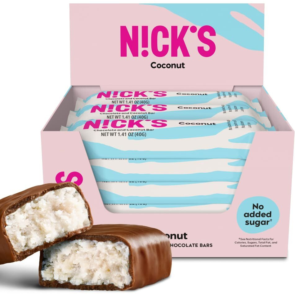 Nicks Coconut Keto Chocolate Candy Bars No Added Sugar 160 Calories, 3.0 Net Carbs, Gluten Free Sweets Low Carb Candy Snack Bar (Multipack 15X40G)
