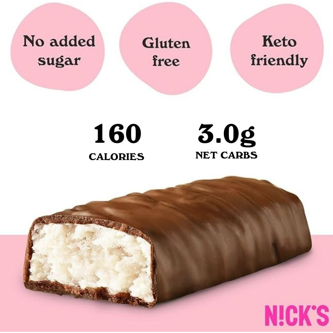 Nicks Coconut Keto Chocolate Candy Bars No Added Sugar 160 Calories, 3.0 Net Carbs, Gluten Free Sweets Low Carb Candy Snack Bar (Multipack 15X40G)