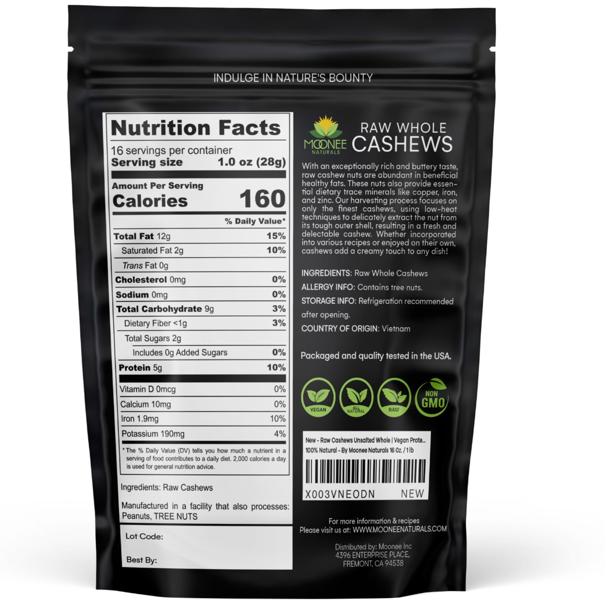 Raw Cashews Unsalted Whole (16 0Z. / 1 Lb) | Vegan Protein Snacks | Make Cashew Milk | Keto And Paleo Friendly Diet Snacks | Party Snacks | Healthy Snacks | Cashews Bulk | Non-Gmo | 100% Natural - By Moonee Naturals 16 0Z. / 1 Lb