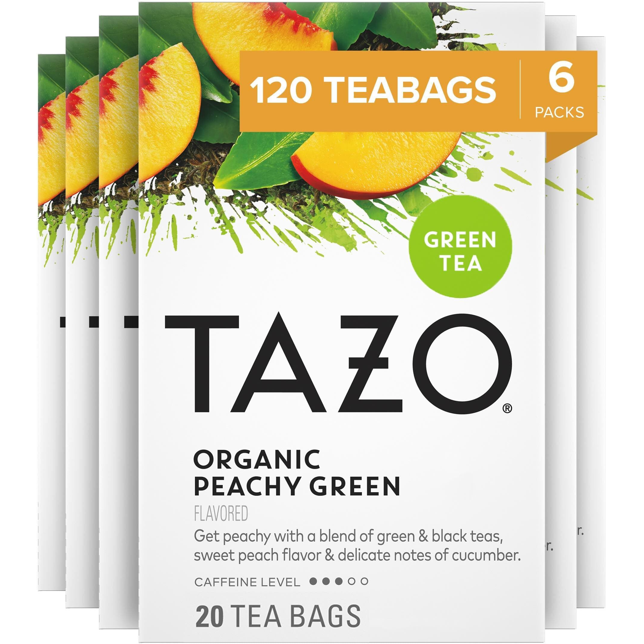 Tazo Organic Peachy Green Tea Bags, Moderate Caffeinated Tea, 120 Total Tea Bags (20Ct - Pack Of 6)