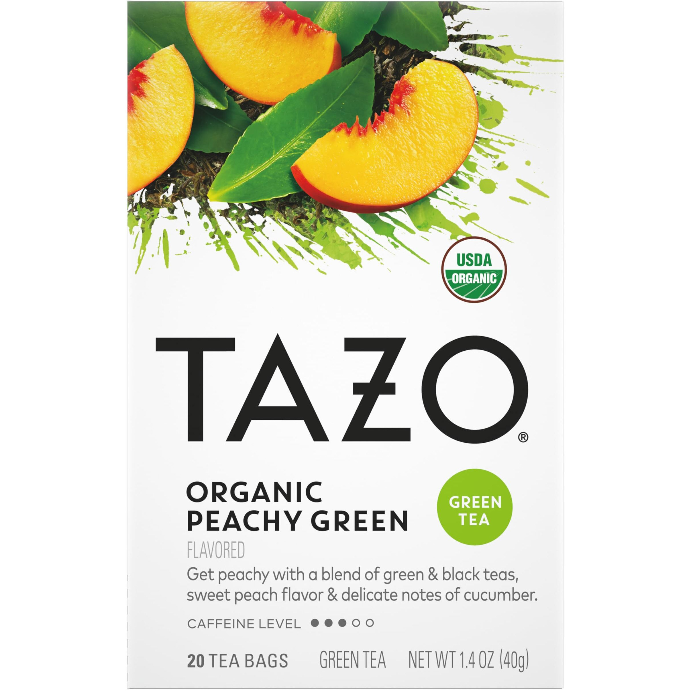 Tazo Organic Peachy Green Tea Bags, Moderate Caffeinated Tea, 120 Total Tea Bags (20Ct - Pack Of 6)