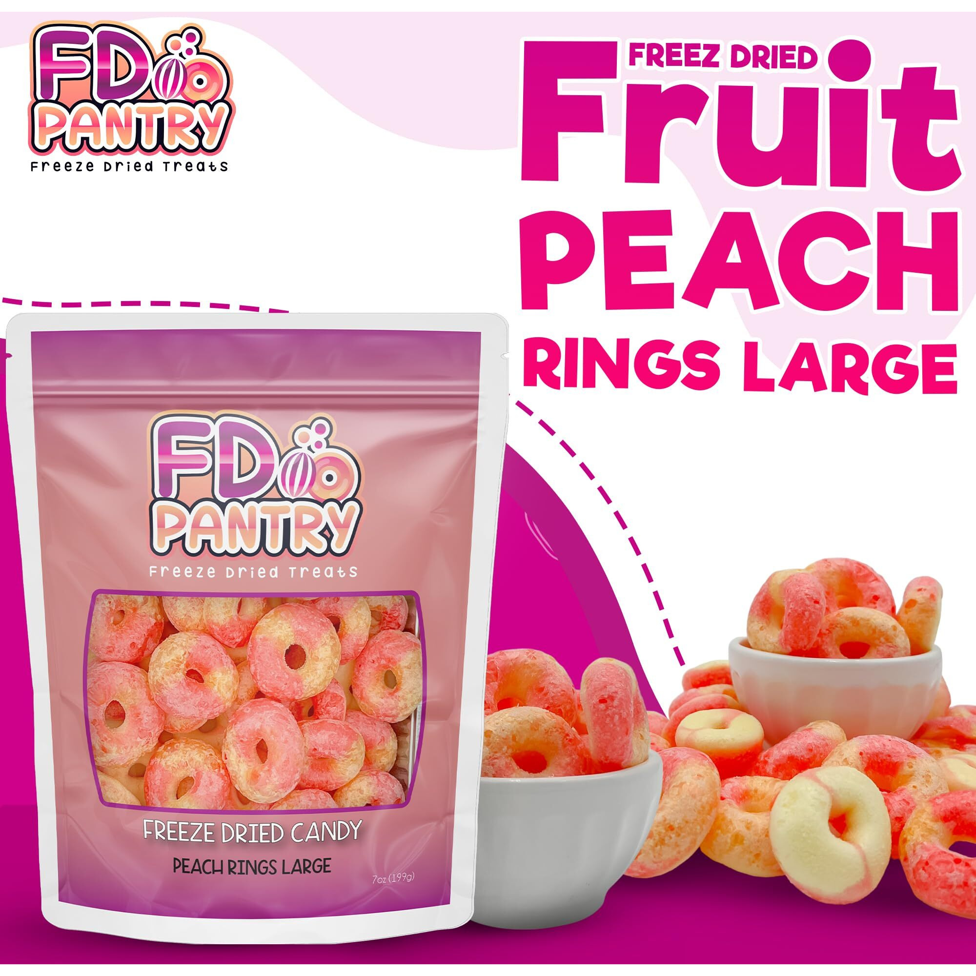 Freeze Dried Peach Rings Candy - Crunchy & Sweet, Large 7 Oz Resealable Bag For Freshness, Gift & Snack - Large Bag Freeze-Dried Gummy Candies