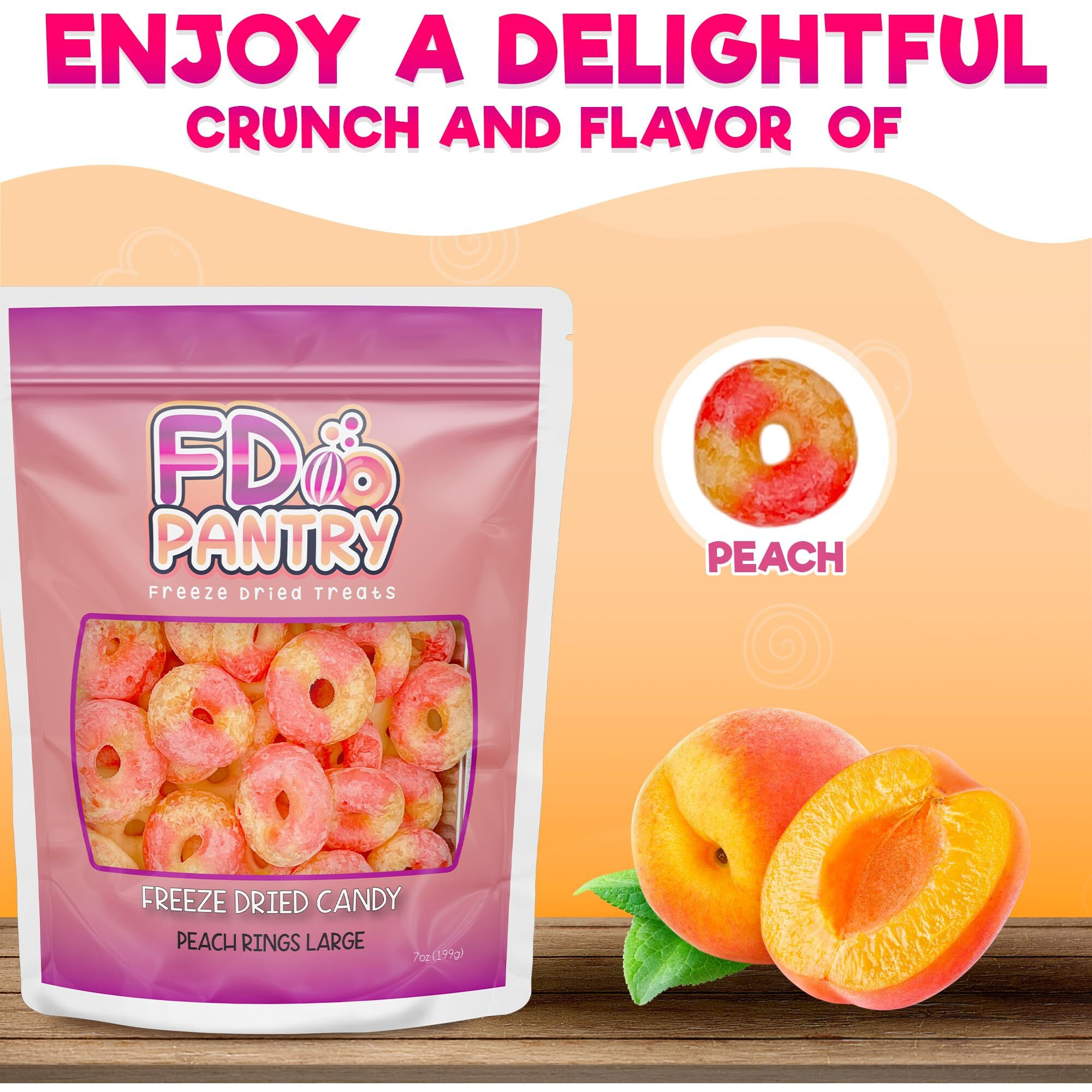 Freeze Dried Peach Rings Candy - Crunchy & Sweet, Large 7 Oz Resealable Bag For Freshness, Gift & Snack - Large Bag Freeze-Dried Gummy Candies