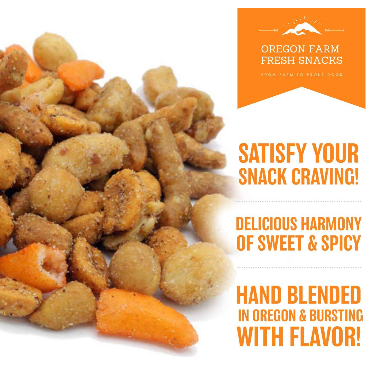 Oregon Farm Fresh Snacks Blazing Trail Sweet & Spicy Mix - Assortment Of Tasty Nuts And Crunchy Crackers - Healthy And Satisfying Snack - Great Munchies For Game Night, Hiking, Beer Pub - 16Oz Pouch