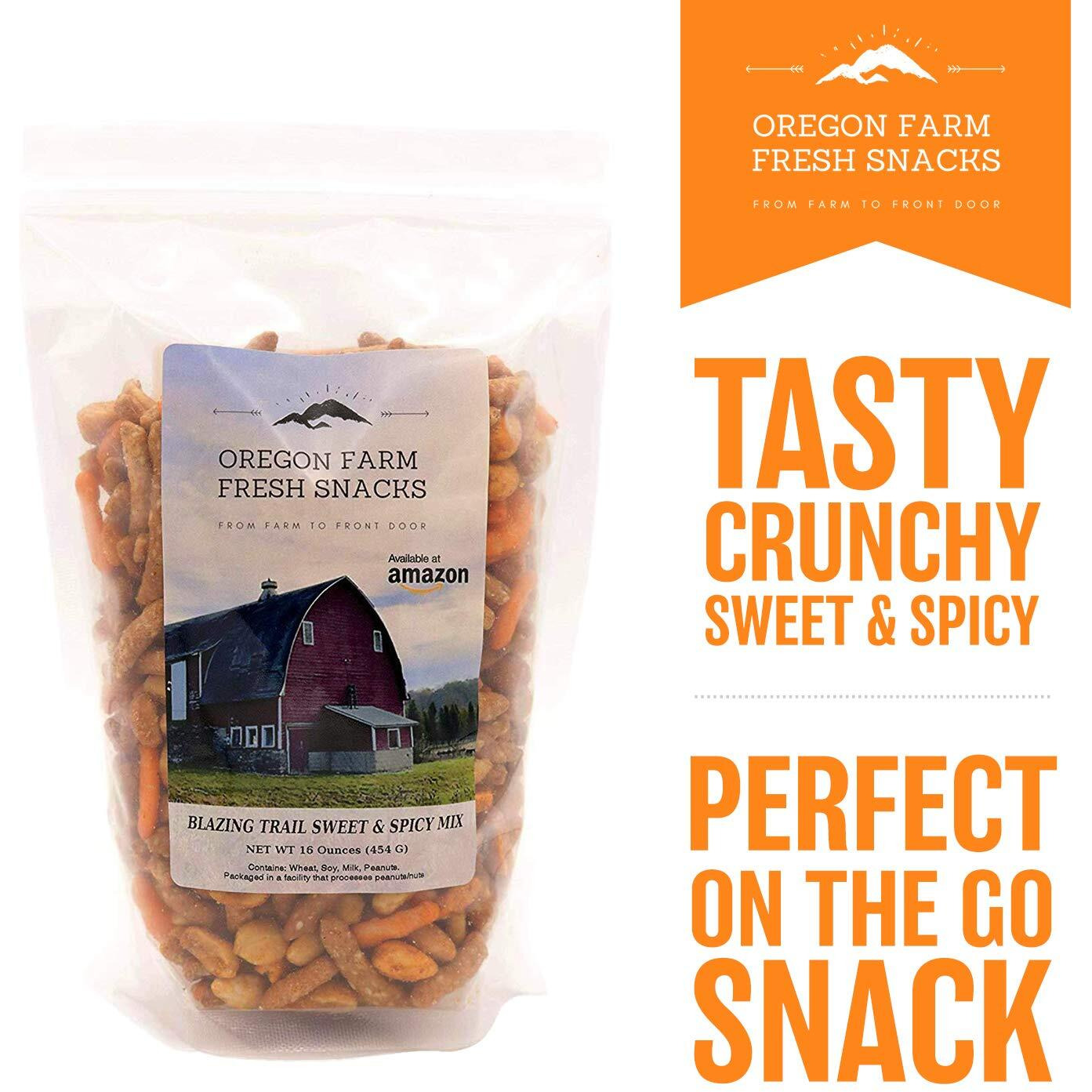 Oregon Farm Fresh Snacks Blazing Trail Sweet & Spicy Mix - Assortment Of Tasty Nuts And Crunchy Crackers - Healthy And Satisfying Snack - Great Munchies For Game Night, Hiking, Beer Pub - 16Oz Pouch