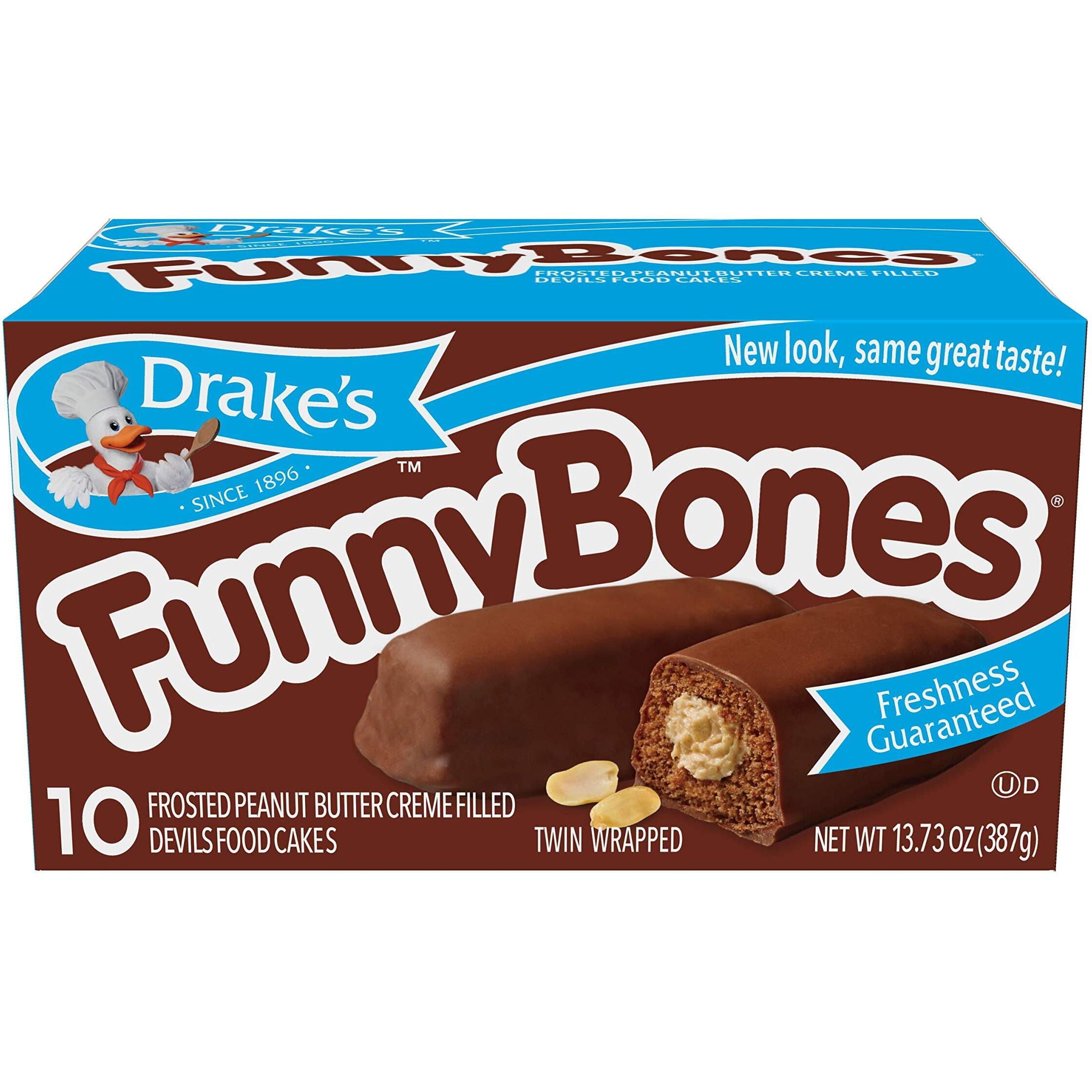 Drake's Funny Bones, 10 Twin-Wrapped Devils Food Cakes, 13.73 Oz Box