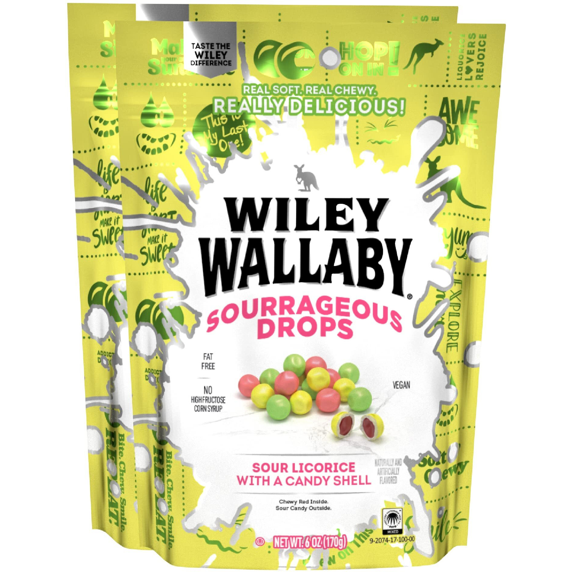 Wiley Wallaby 6 Ounce Sourrageous Drops Mix Of Watermelon, Green Apple And Lemon Soft & Chewy Licorice With A Candy Shell, 2 Pack