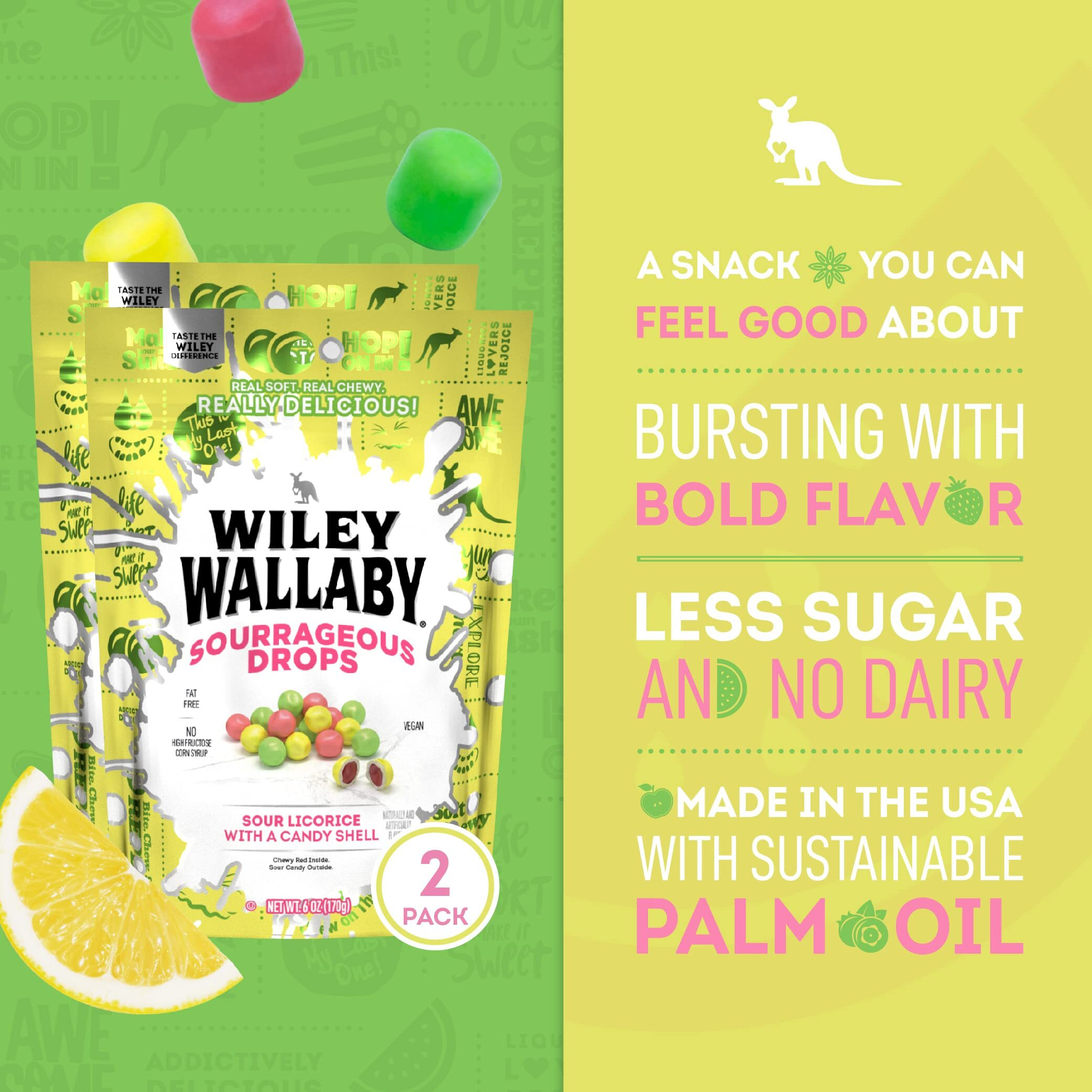 Wiley Wallaby 6 Ounce Sourrageous Drops Mix Of Watermelon, Green Apple And Lemon Soft & Chewy Licorice With A Candy Shell, 2 Pack