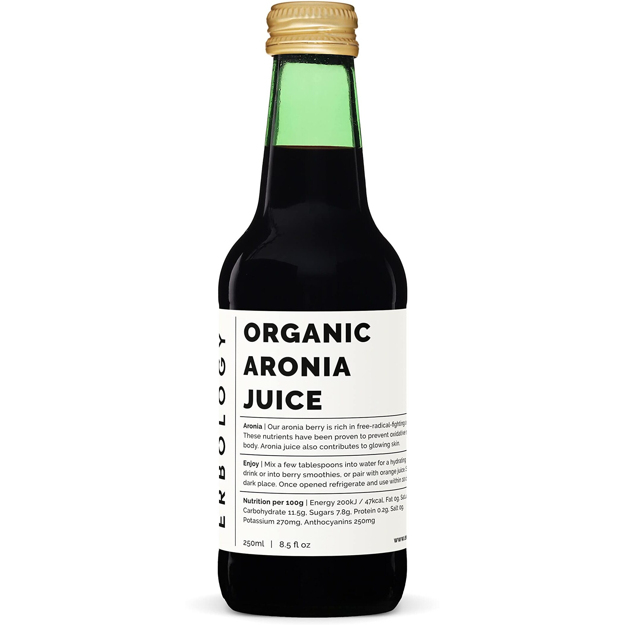 100% Organic Aronia Berry Juice 8.5 Fl Oz (Box Of 6) - Supports Skin Health - Rich In Antioxidants - Straight From Farm - Undiluted - No Added Sugar Or Preservatives - Non-Gmo - Recyclable Glass