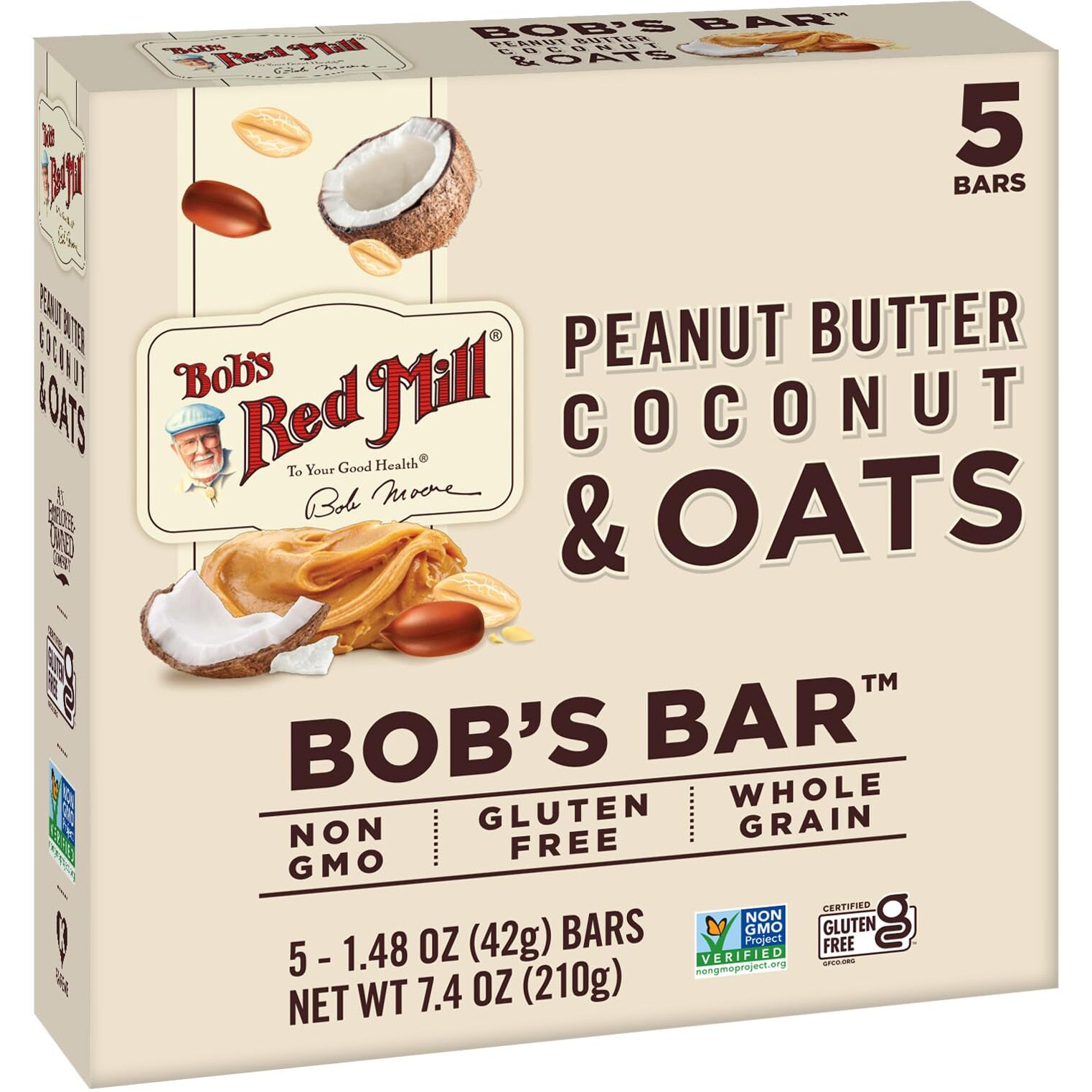 Bob's Red Mill Peanut Butter Coconut & Oats Snack Bar - 5 Bars (Pack Of 1) - Gluten Free, Non-Gmo, Whole Grain