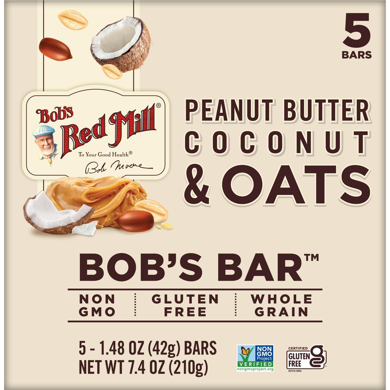 Bob's Red Mill Peanut Butter Coconut & Oats Snack Bar - 5 Bars (Pack Of 1) - Gluten Free, Non-Gmo, Whole Grain