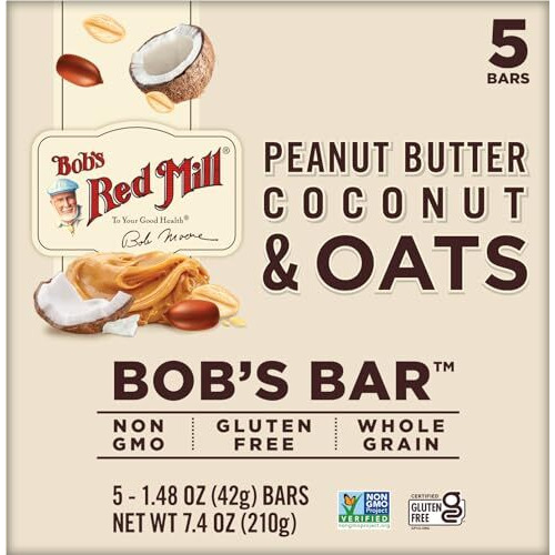 Bob's Red Mill Peanut Butter Coconut & Oats Snack Bar - 5 Bars (Pack Of 1) - Gluten Free, Non-Gmo, Whole Grain