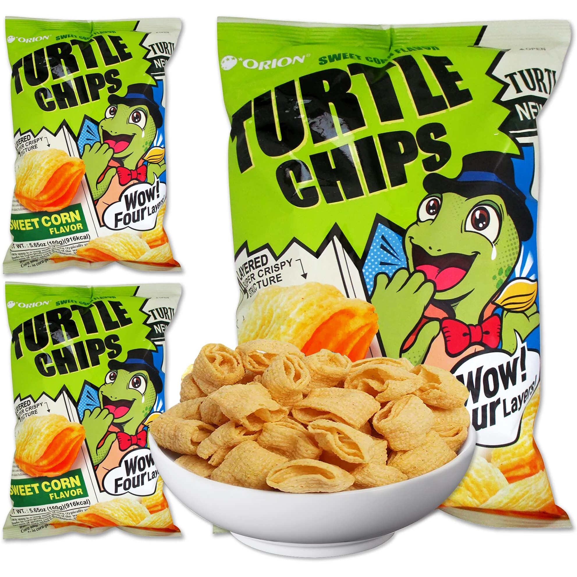 K-Munchies Orion Turtle Chips - Large 3 X 160-Gram Sweet Corn Flavor Korean Chips - Big Bag, Party Size Savory, Tasty, Crispy Korean Corn Snacks - Bite-Sized, On-The-Go Korean Corn Snack For Family