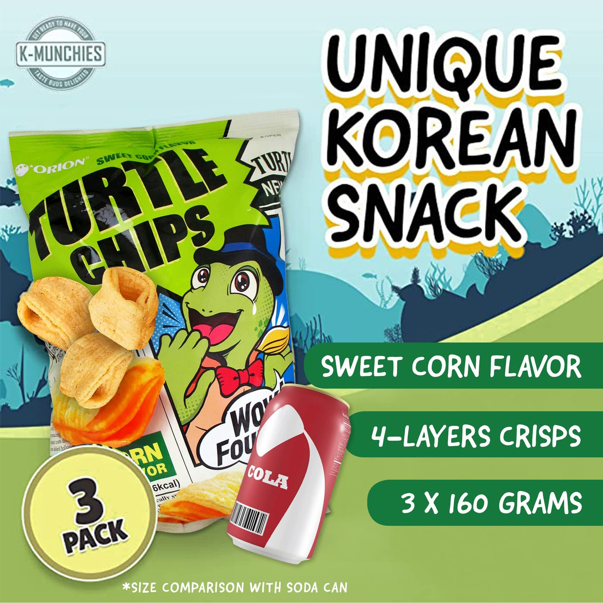 K-Munchies Orion Turtle Chips - Large 3 X 160-Gram Sweet Corn Flavor Korean Chips - Big Bag, Party Size Savory, Tasty, Crispy Korean Corn Snacks - Bite-Sized, On-The-Go Korean Corn Snack For Family