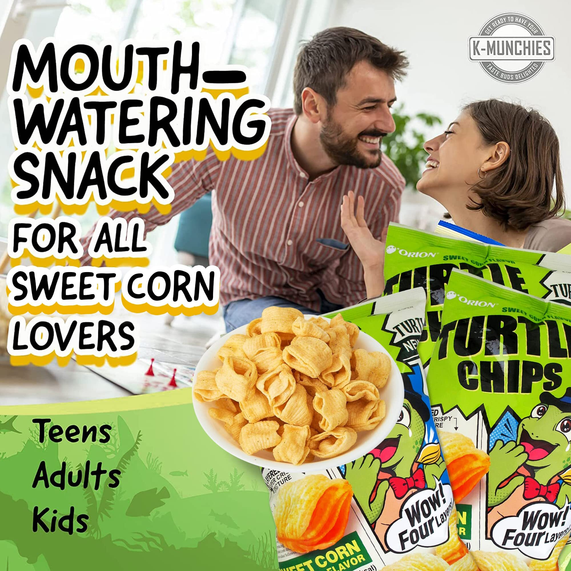 K-Munchies Orion Turtle Chips - Large 3 X 160-Gram Sweet Corn Flavor Korean Chips - Big Bag, Party Size Savory, Tasty, Crispy Korean Corn Snacks - Bite-Sized, On-The-Go Korean Corn Snack For Family