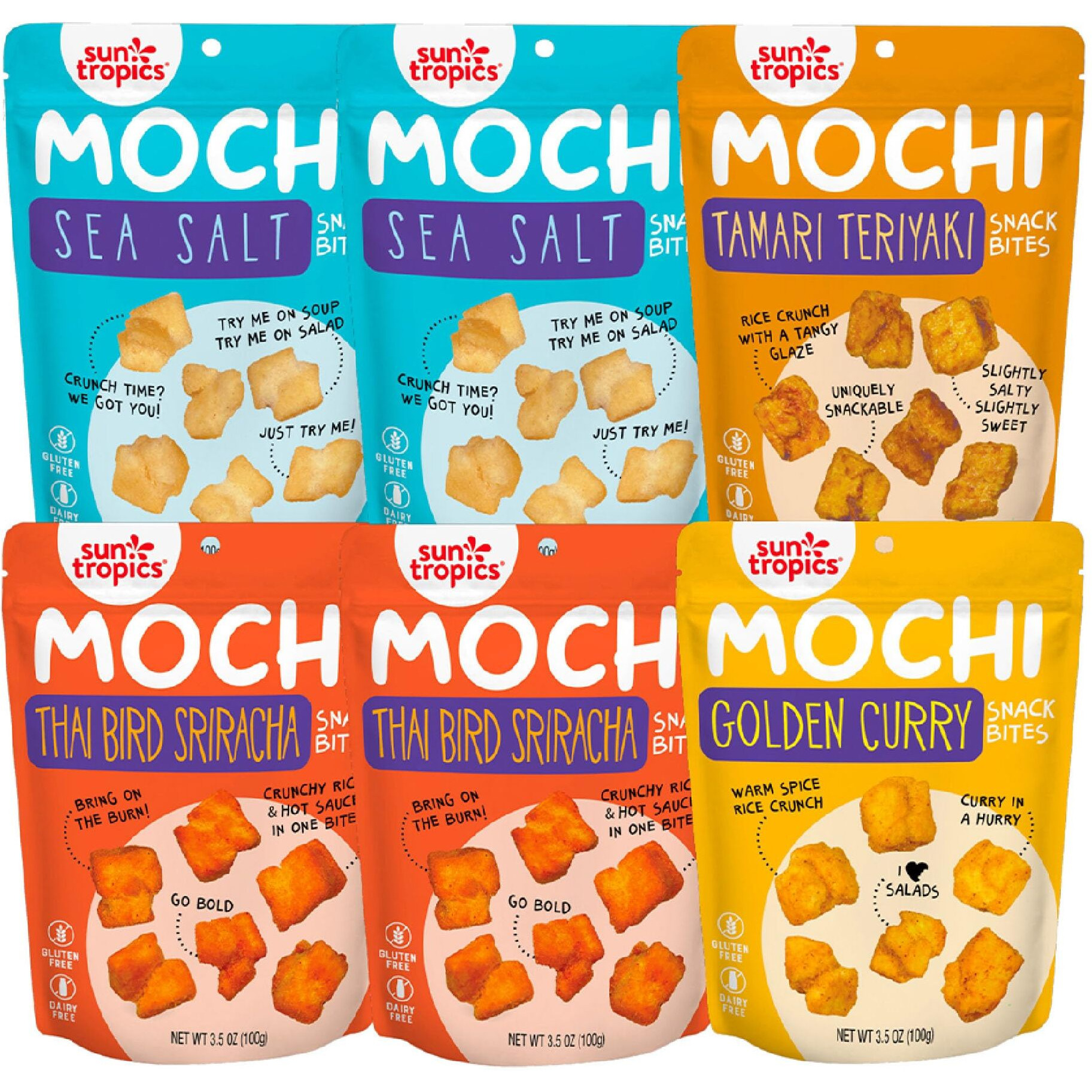 Sun Tropics Mochi Snack Bites, Variety Pack- 3.5 Oz (6 Pack) - Crunchy Mochi Snacks - Gluten Free & Dairy Free, No Msg - Asian Rice Snacks