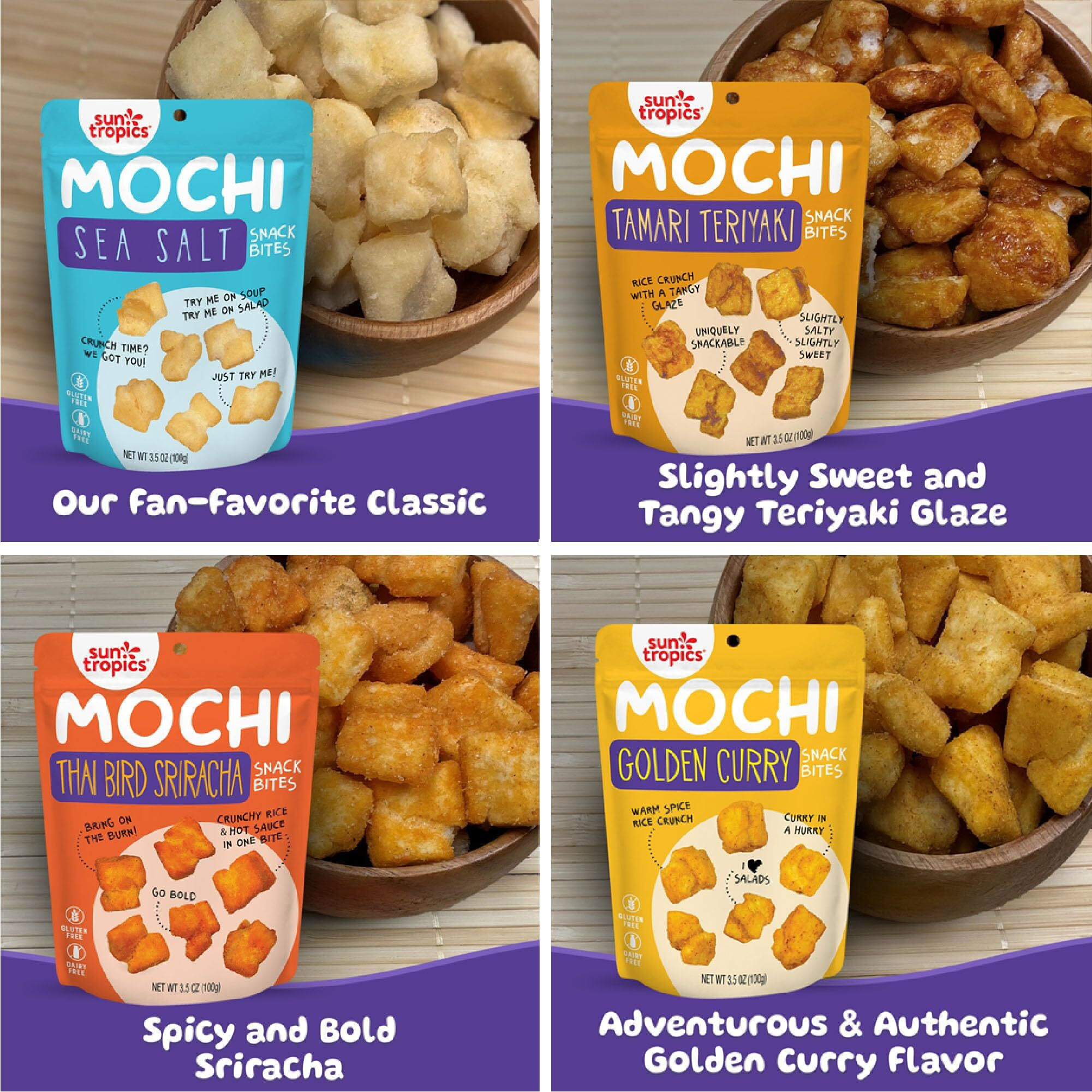 Sun Tropics Mochi Snack Bites, Variety Pack- 3.5 Oz (6 Pack) - Crunchy Mochi Snacks - Gluten Free & Dairy Free, No Msg - Asian Rice Snacks
