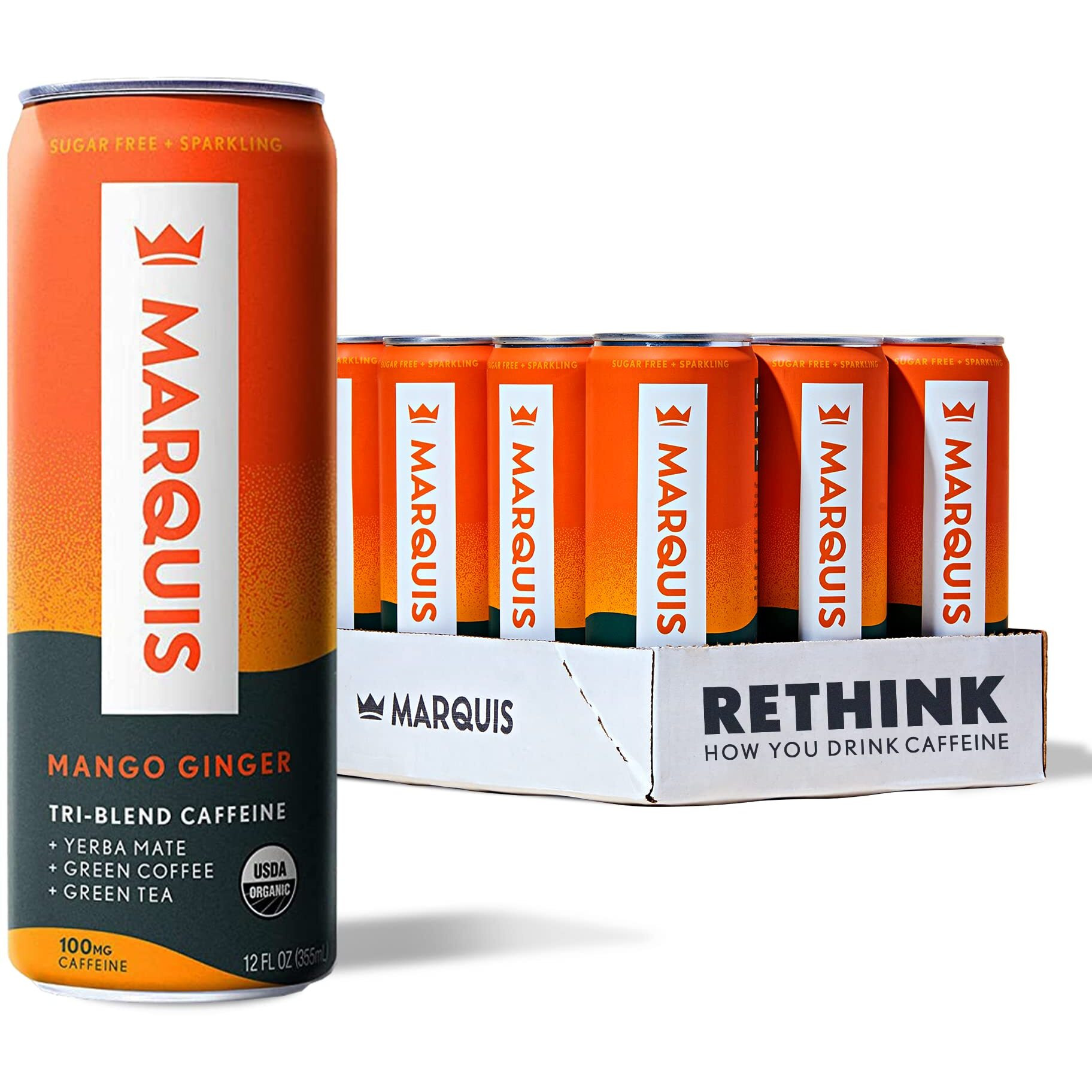 Marquis - Natural Energy Drink - Mango Ginger - Sugar Free - 0 Calories - 100Mg Of Organic Plant Based Caffeine - Yerba Mate - Green Tea - Vitamin C & B Vitamins - Vegan - 12 Oz Cans - 12 Pack