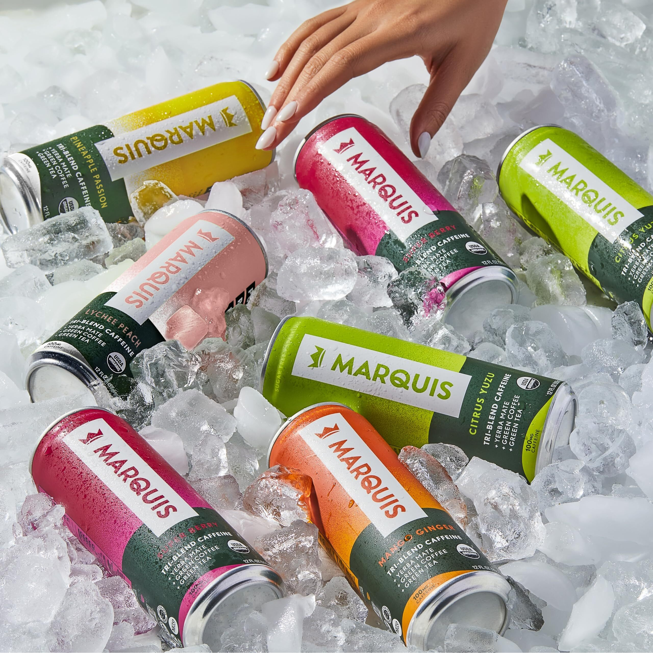 Marquis - Natural Energy Drink - Mango Ginger - Sugar Free - 0 Calories - 100Mg Of Organic Plant Based Caffeine - Yerba Mate - Green Tea - Vitamin C & B Vitamins - Vegan - 12 Oz Cans - 12 Pack