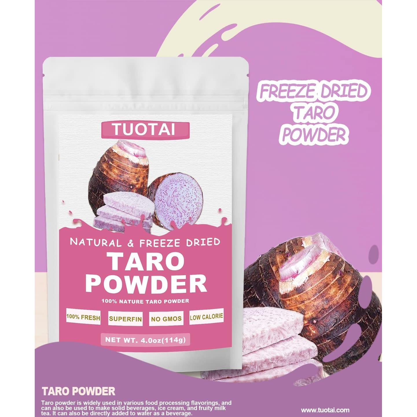 Freeze Taro Powder, 4 Ounces, Taro Powder For Smoothie, Drinks And Baking Food