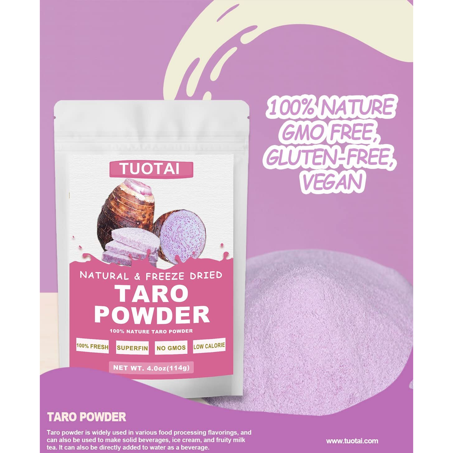 Freeze Taro Powder, 4 Ounces, Taro Powder For Smoothie, Drinks And Baking Food
