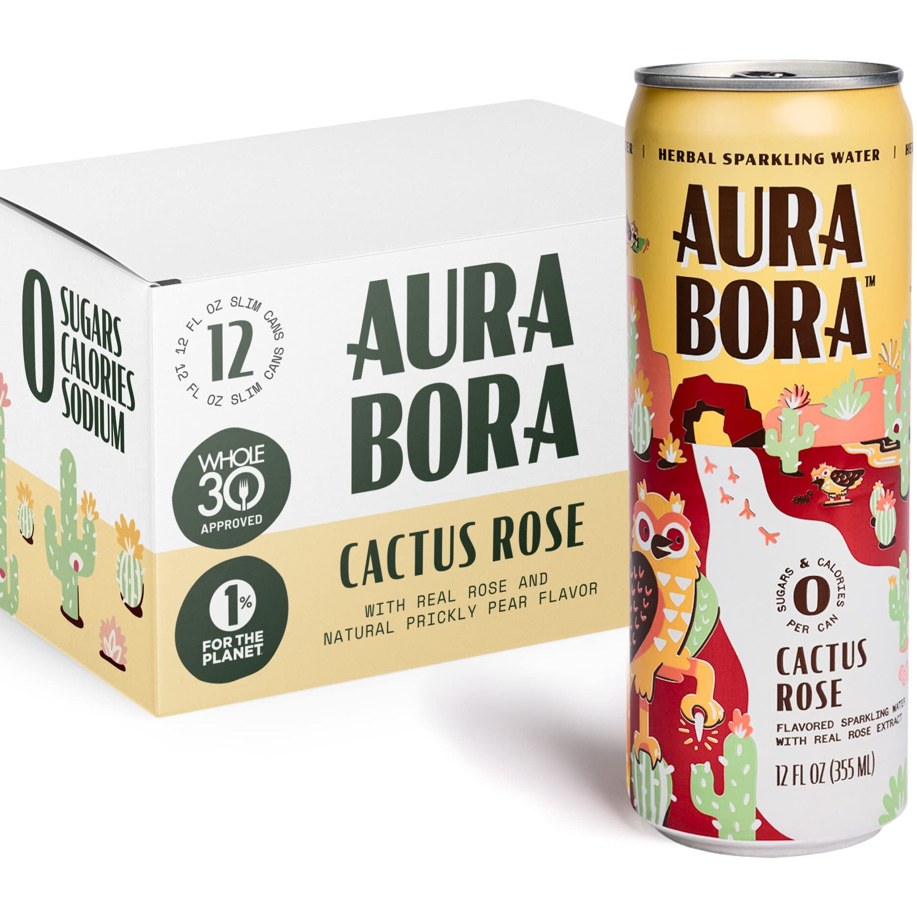 Aura Bora, Cactus Rose Herbal Sparkling Water, 12 Oz Can (Pack Of 12), 0 Calories, 0 Sugar, 0 Sodium, Non-Gmo