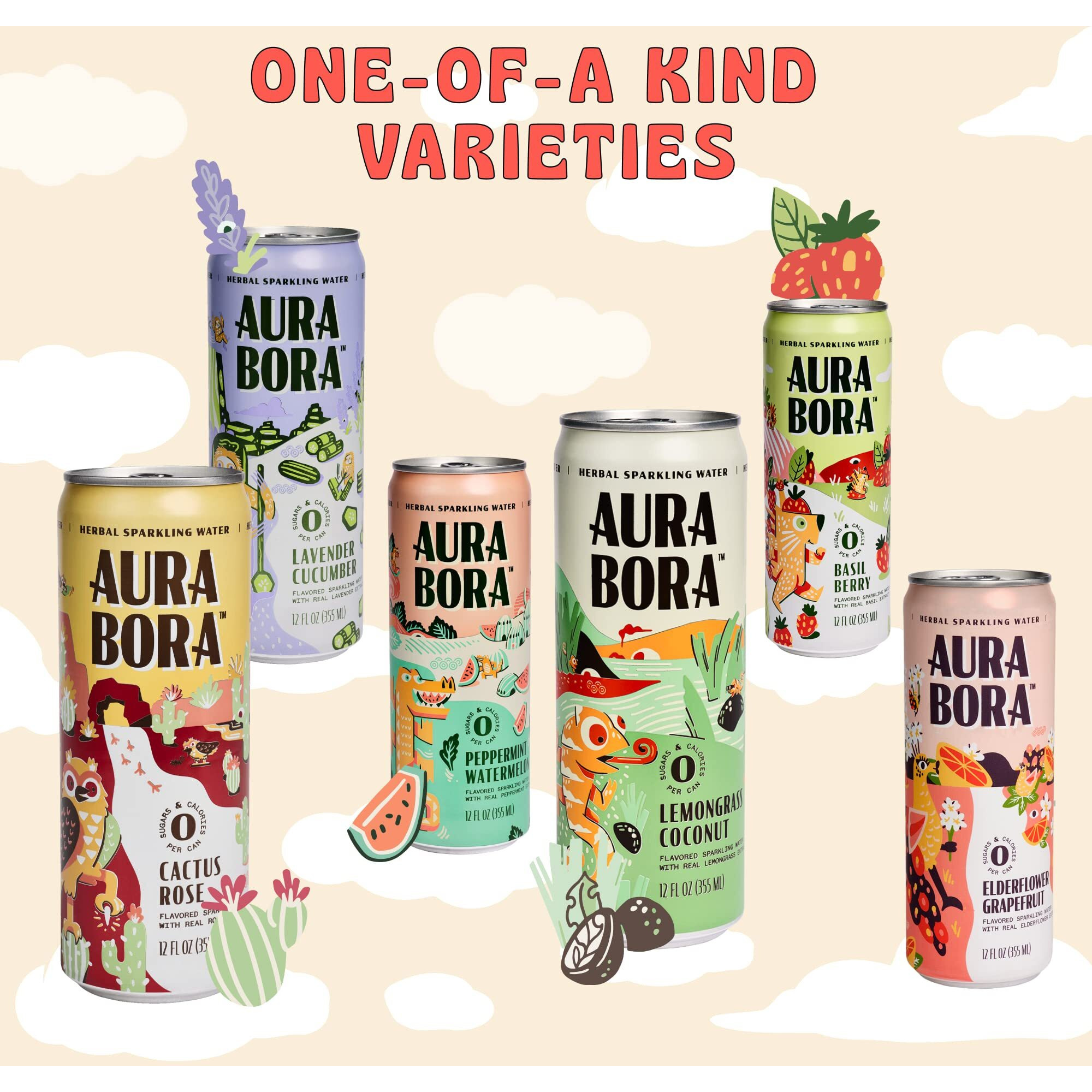 Aura Bora, Cactus Rose Herbal Sparkling Water, 12 Oz Can (Pack Of 12), 0 Calories, 0 Sugar, 0 Sodium, Non-Gmo