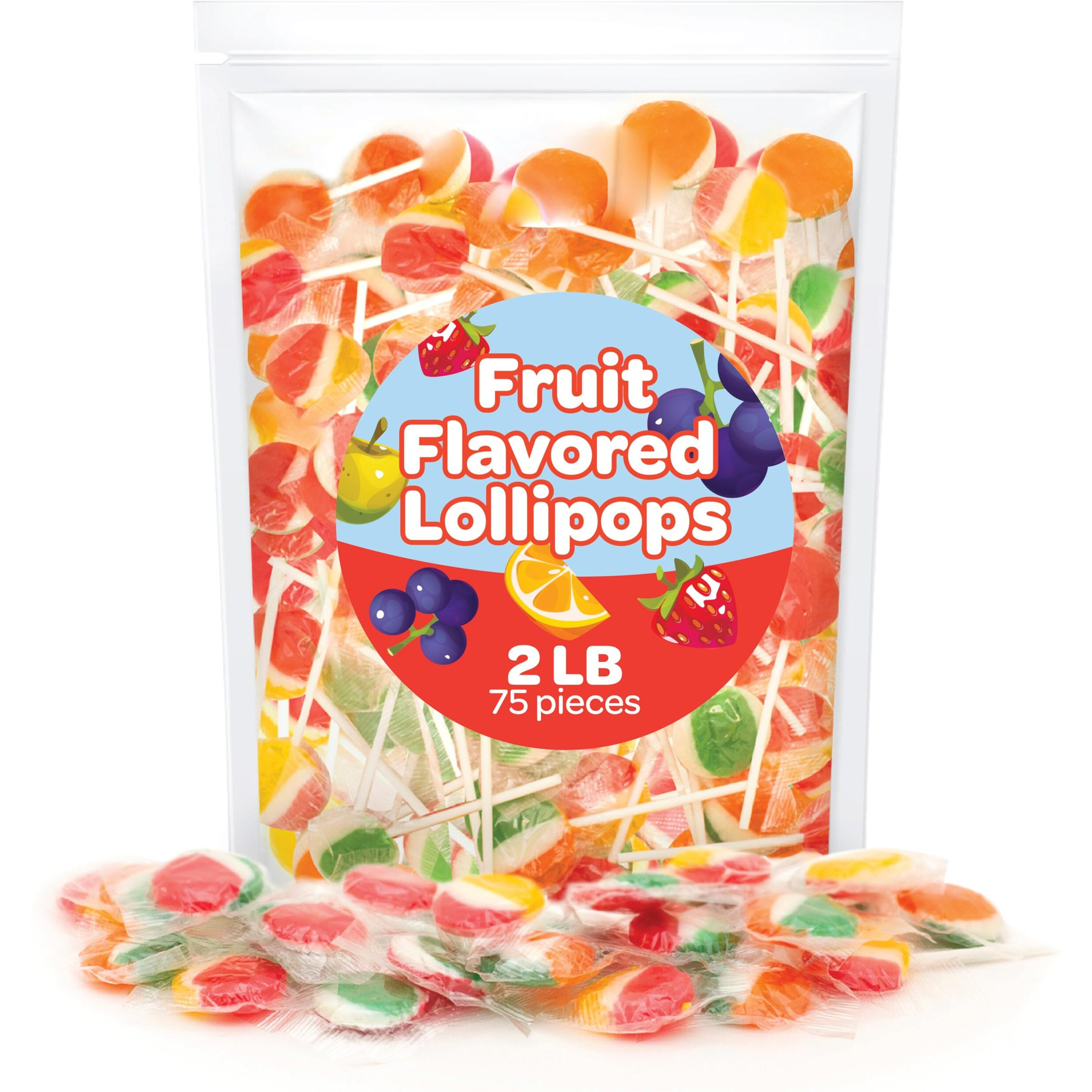 Flat Lollipops Hard Candy, Bulk Pack 2 Pounds (75 Count), Assorted Fruit Flavored