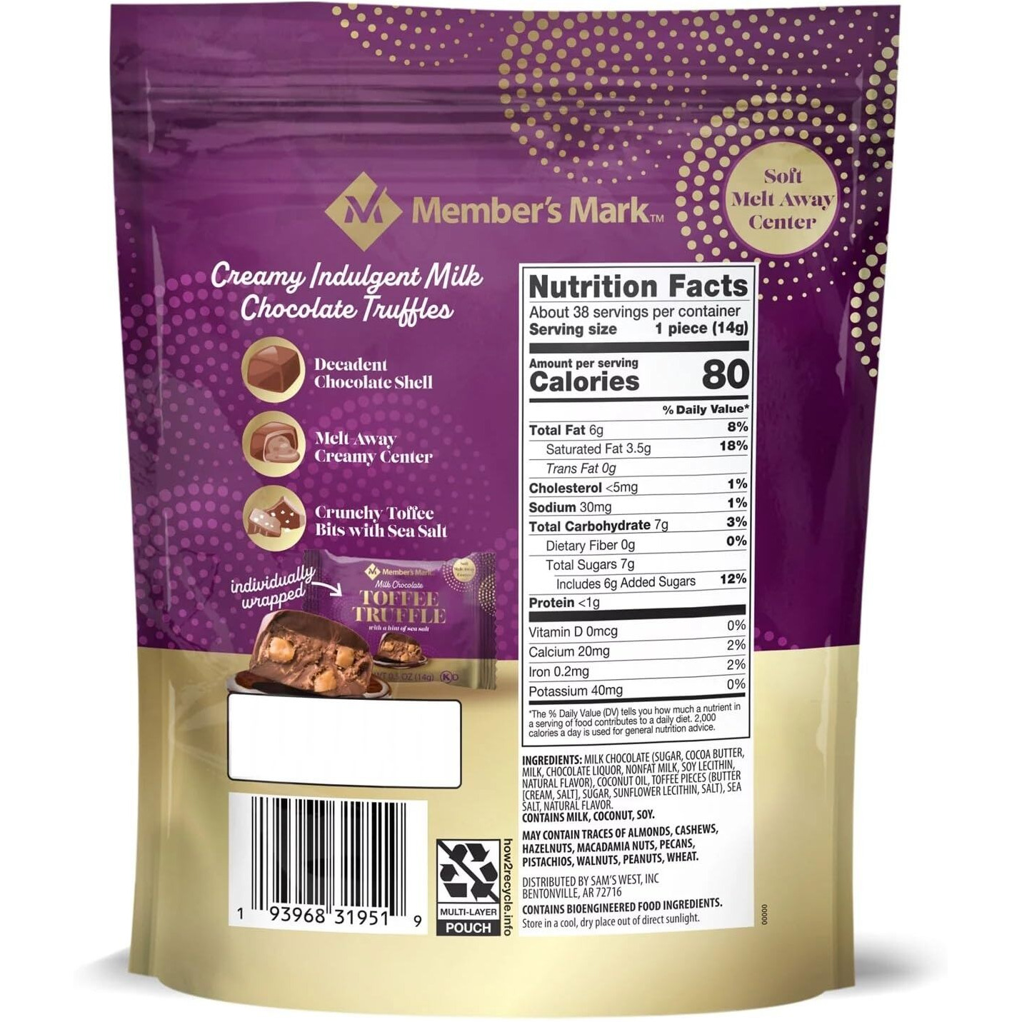 Member's Mark Milk Chocolate Toffee Truffle With Sea Salt (19 Oz.), 38 Count (Pack Of 1)