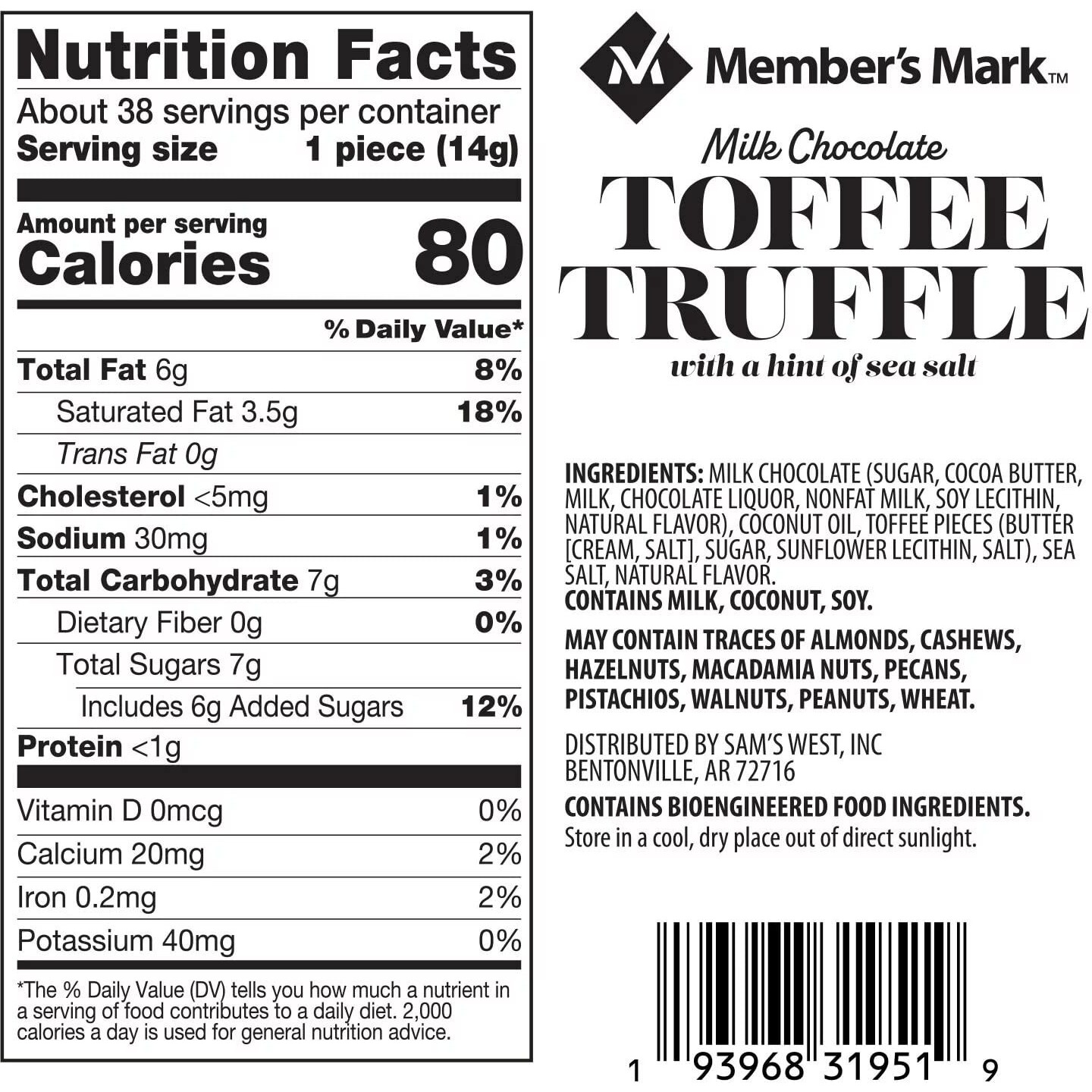 Member's Mark Milk Chocolate Toffee Truffle With Sea Salt (19 Oz.), 38 Count (Pack Of 1)