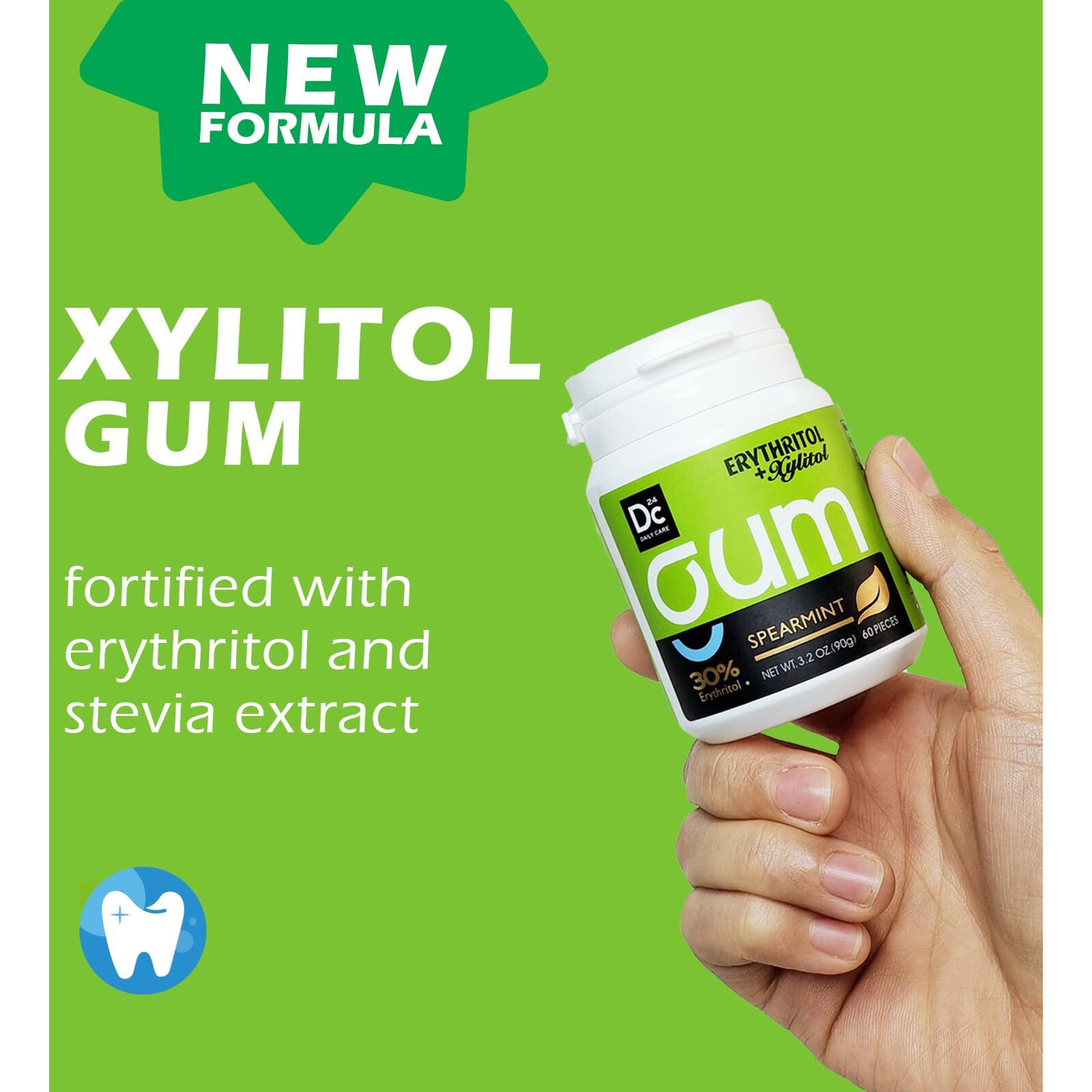 Dc24 Daily Care Xylitol Chewing Gum With Erythritol, Aspartame Free & Sugar Free Gum, Low-Calorie, Sugarless, Long Lasting Spearmint, 60-Piece Pack, 4 Packs